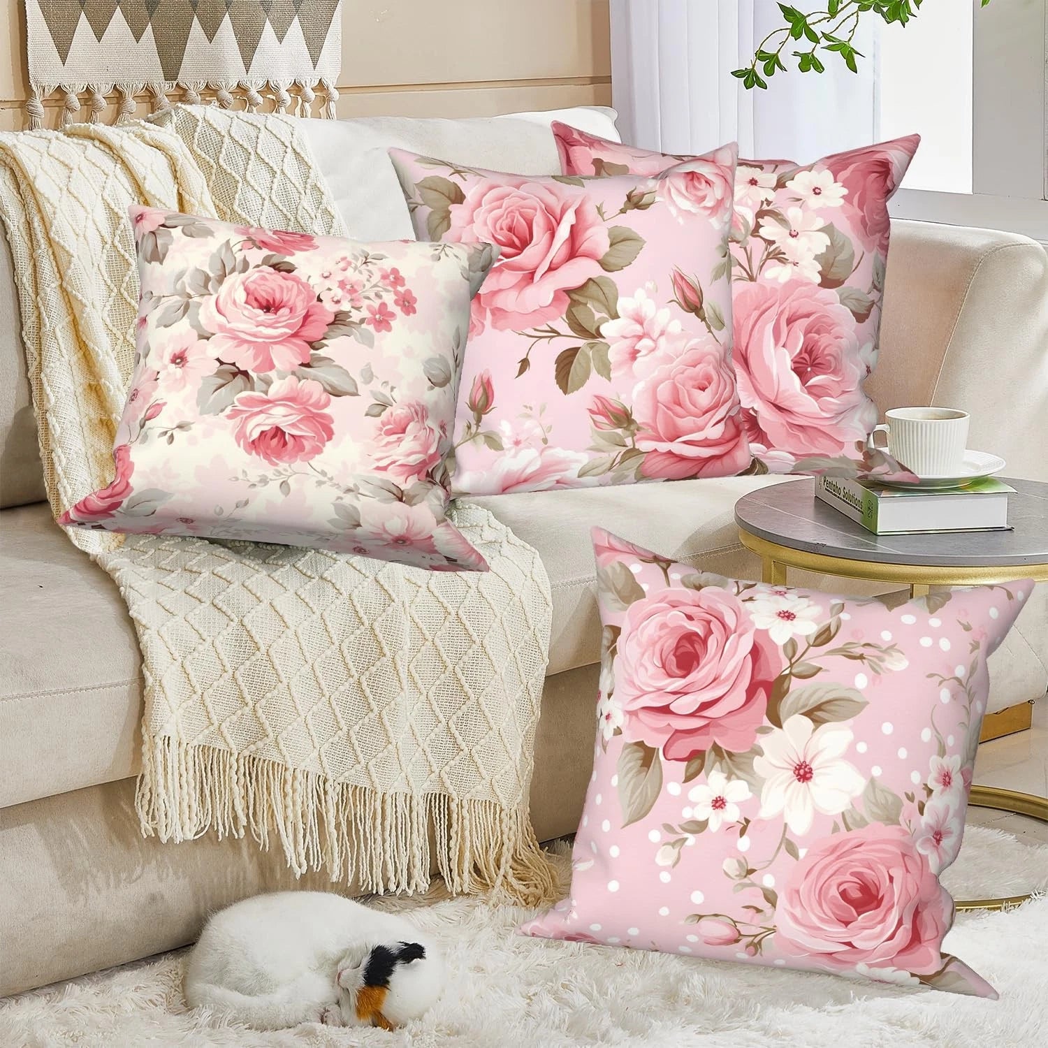 4 Pcs/Set Rose Flowers Pillow Covers Summer Floral Green Leaves Pink Watercol...