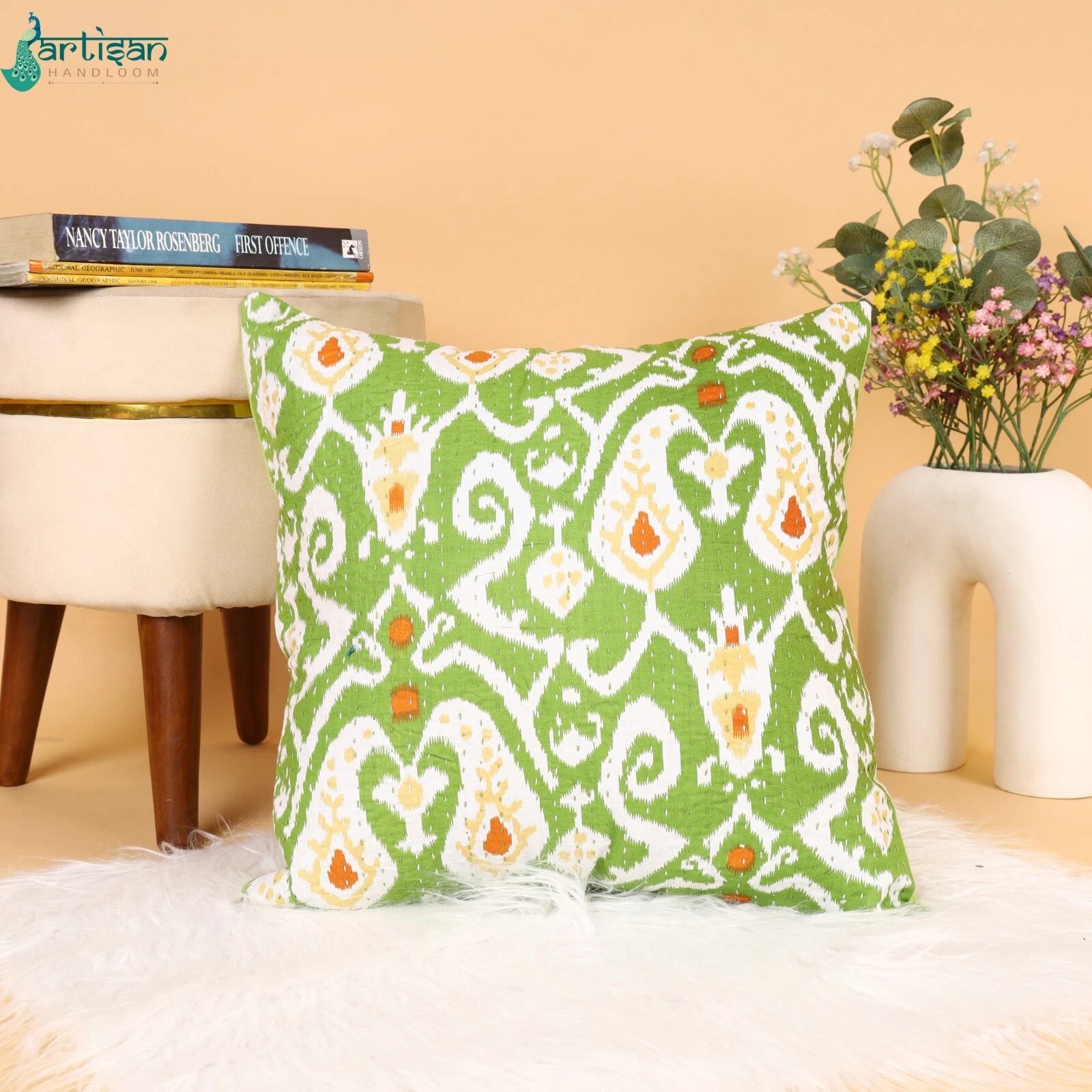 16" Green Ikat Print Kantha Cushion Decorative Throw Case Sofa Pillow Cover