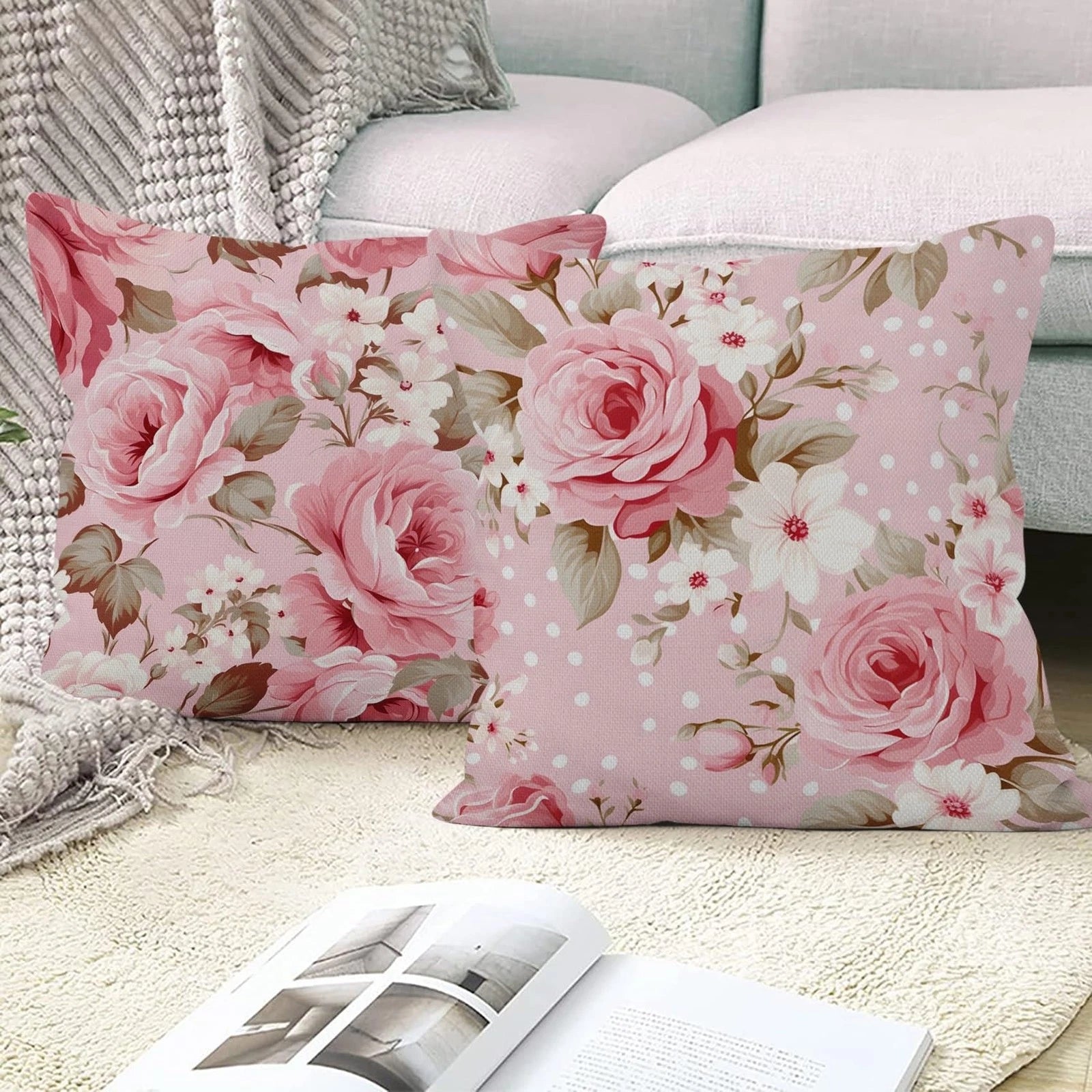 4 Pcs/Set Rose Flowers Pillow Covers Summer Floral Green Leaves Pink Watercol...