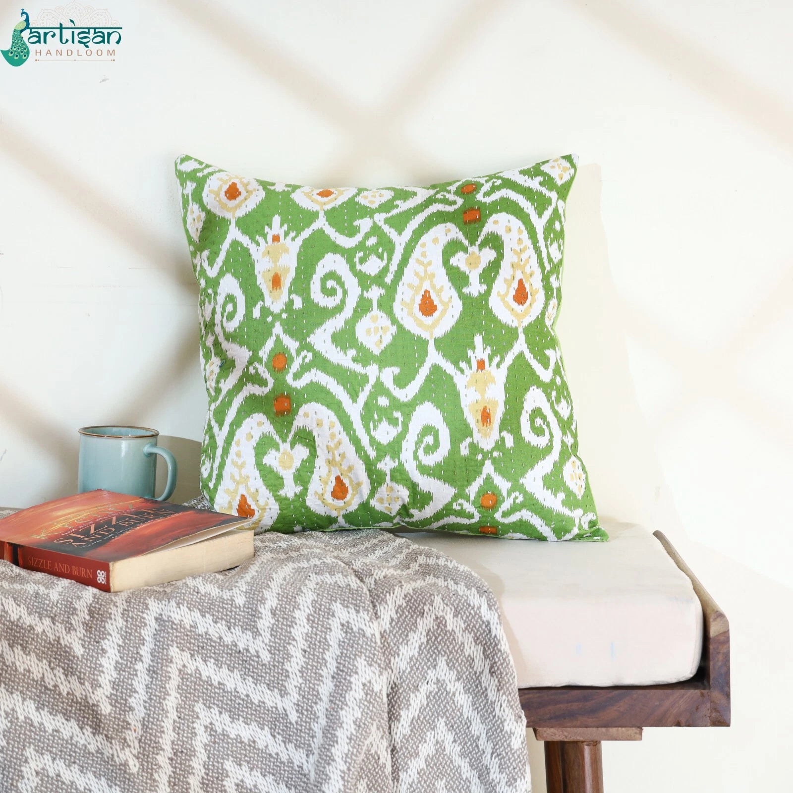 16" Green Ikat Print Kantha Cushion Decorative Throw Case Sofa Pillow Cover
