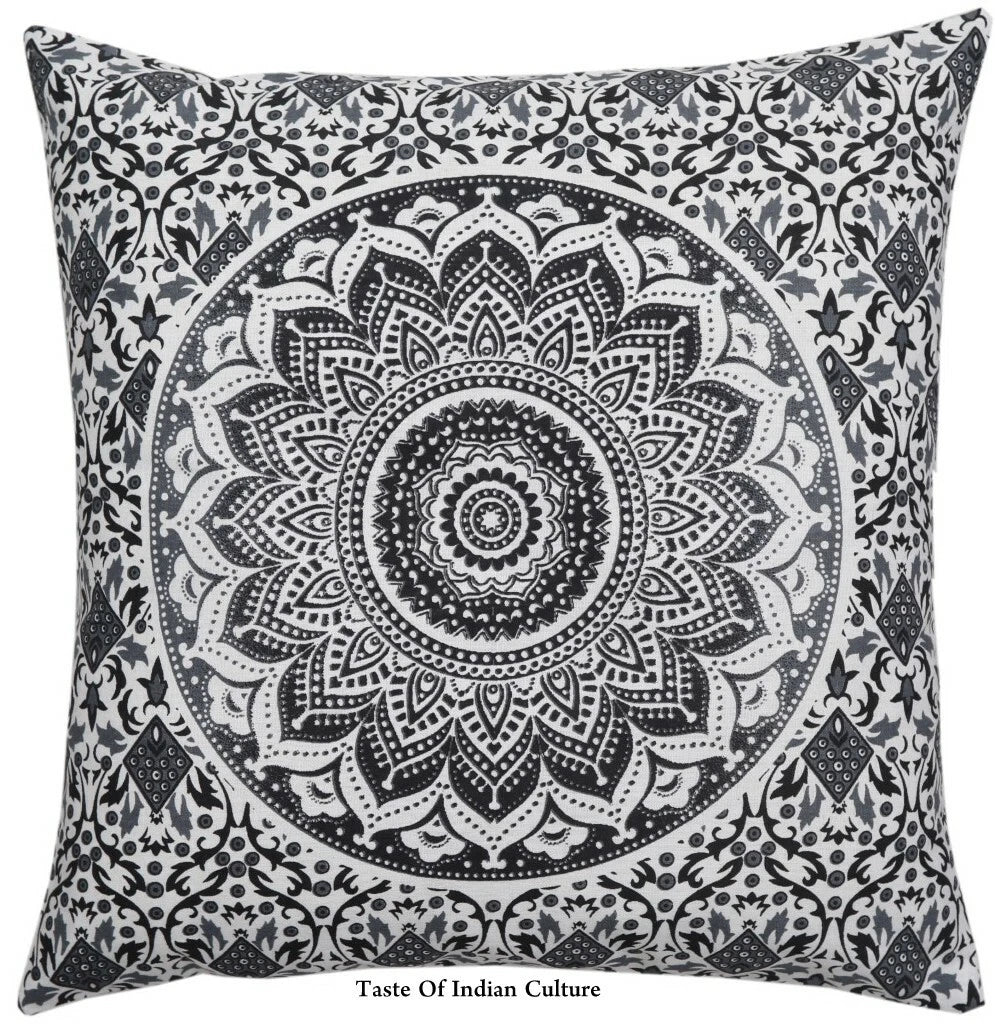 16" Square Traditional Mandala Block Printed Cushion/Pillow/Sofa Cover Black