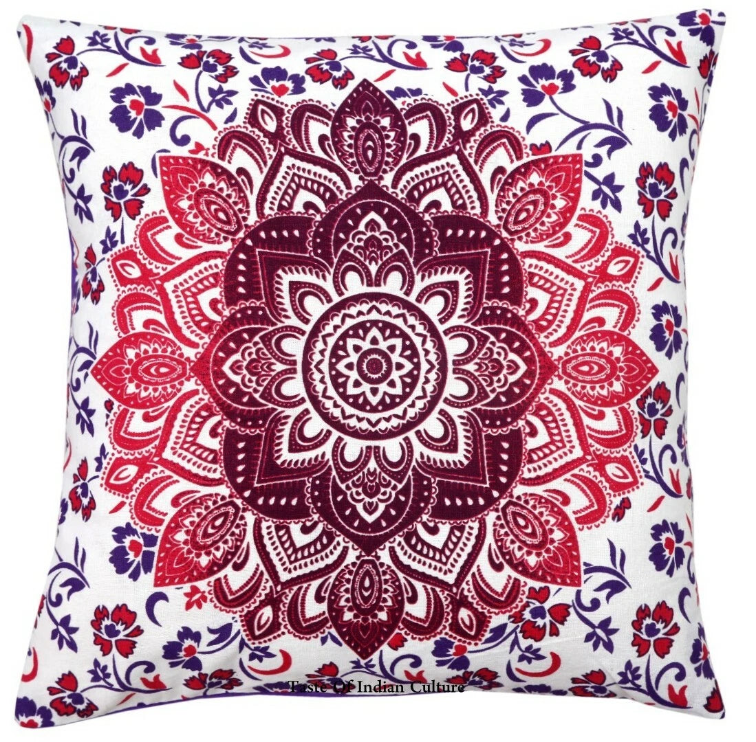 16" Square Traditional Mandala Block Printed Cushion/Pillow/Sofa Cover Purple