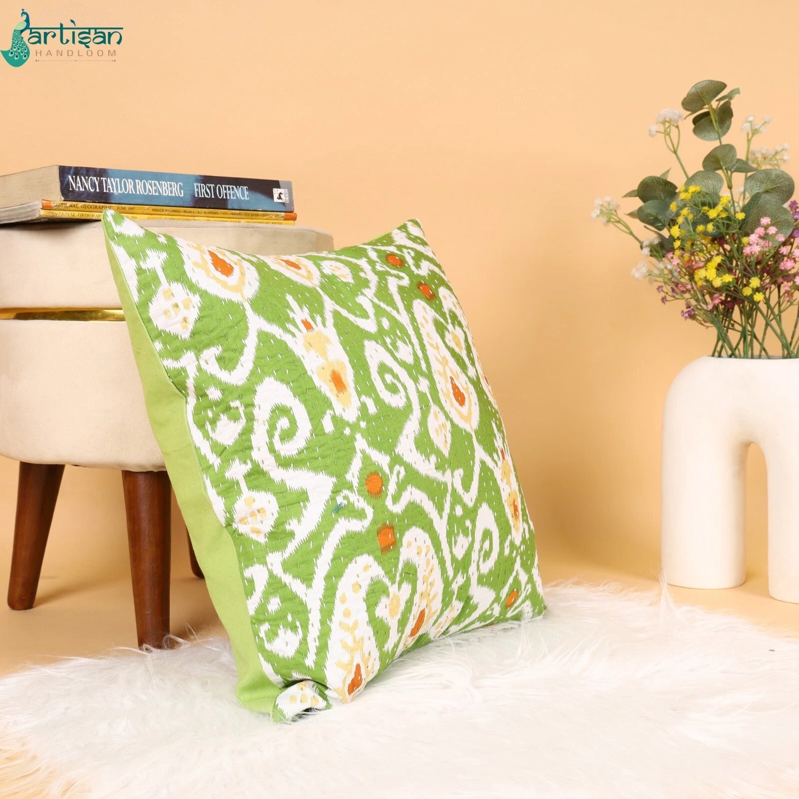 16" Green Ikat Print Kantha Cushion Decorative Throw Case Sofa Pillow Cover