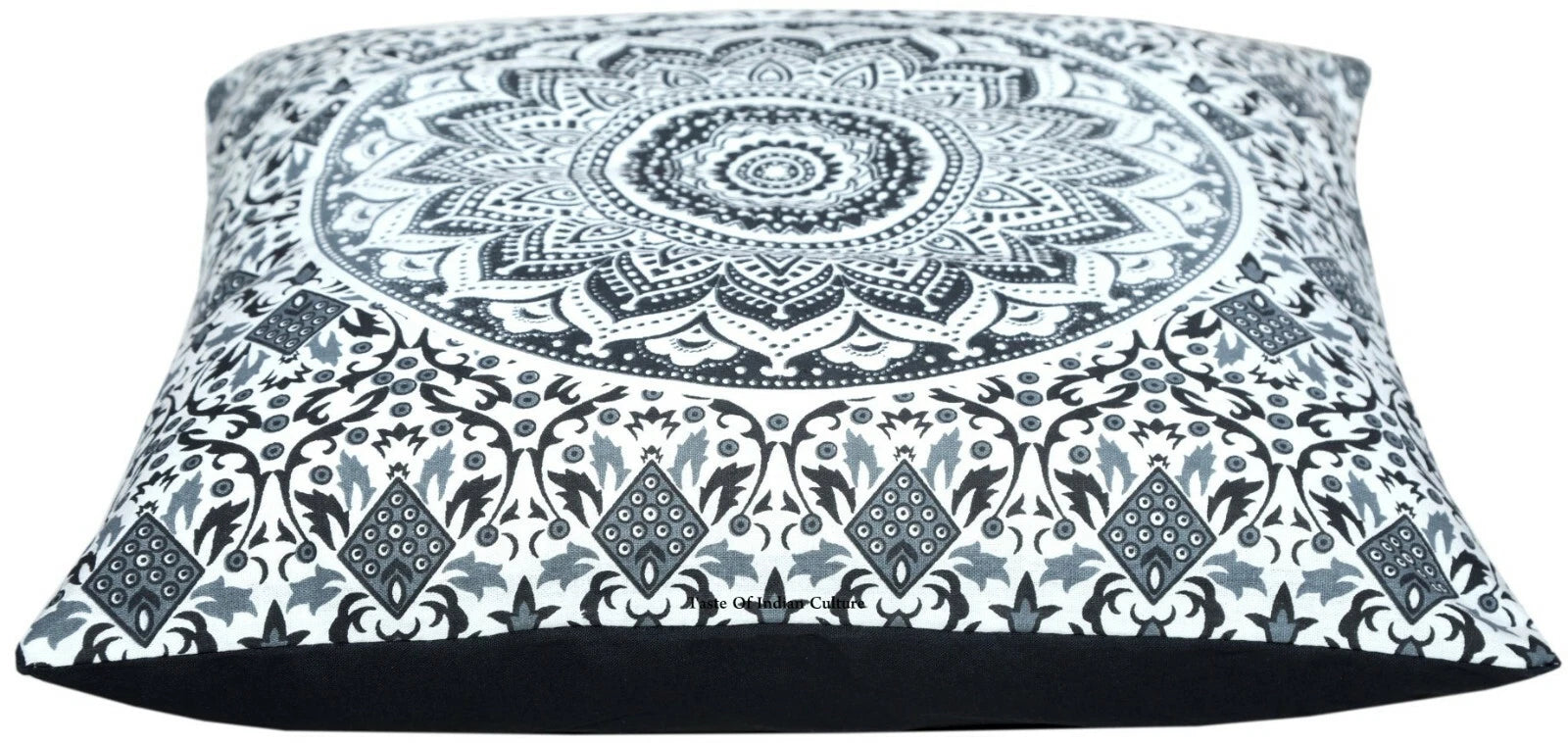 16" Square Traditional Mandala Block Printed Cushion/Pillow/Sofa Cover Black
