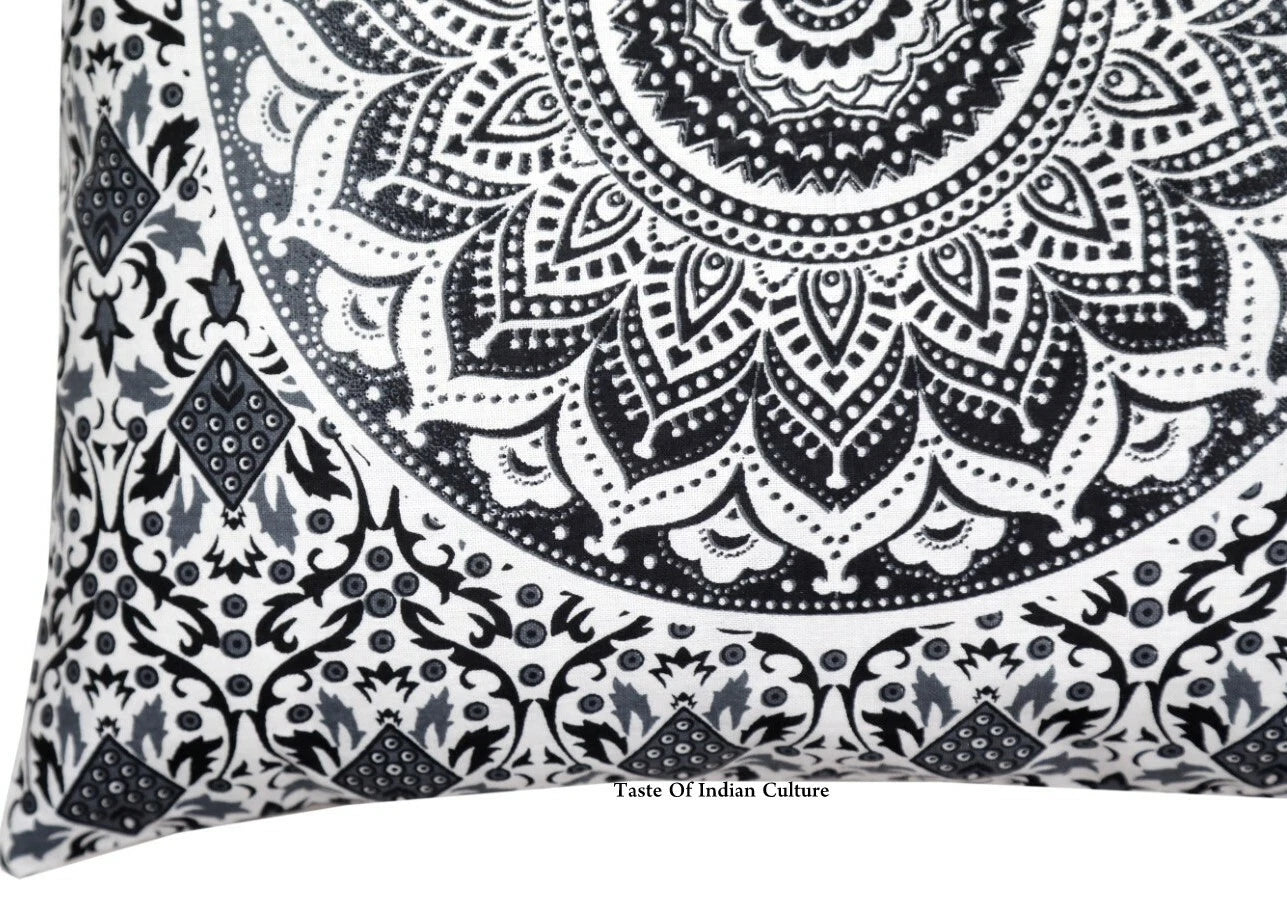 16" Square Traditional Mandala Block Printed Cushion/Pillow/Sofa Cover Black