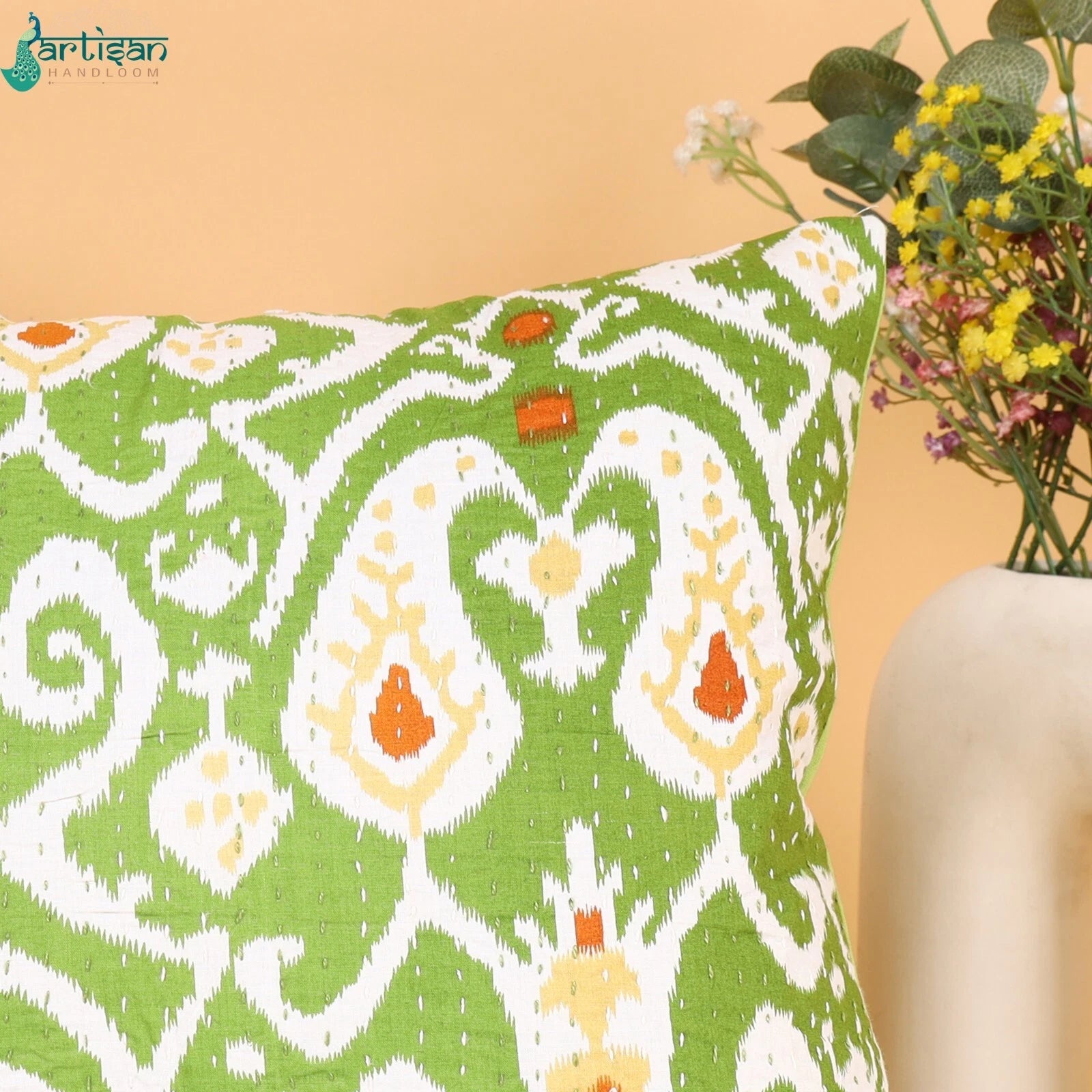 16" Green Ikat Print Kantha Cushion Decorative Throw Case Sofa Pillow Cover
