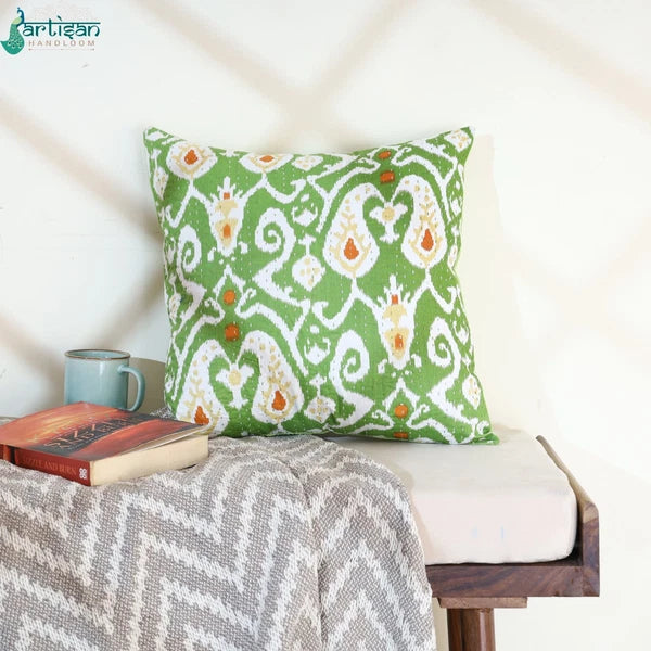 16" Green Ikat Print Kantha Cushion Decorative Throw Case Sofa Pillow Cover