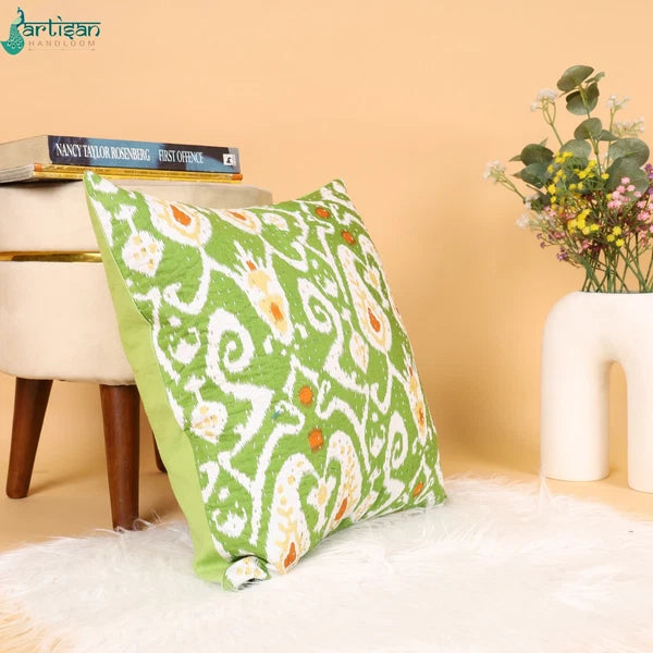 16" Green Ikat Print Kantha Cushion Decorative Throw Case Sofa Pillow Cover