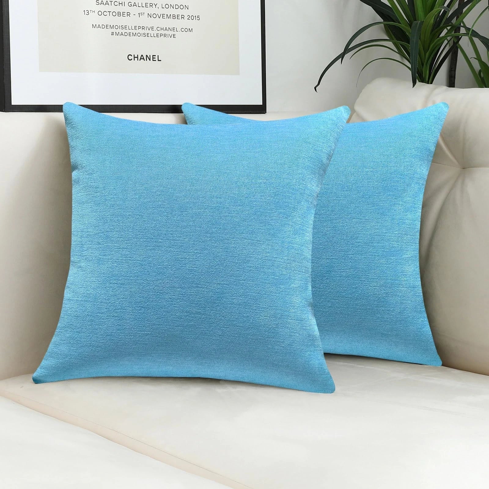 Sky Blue Decorative Throw Pillow Covers Soft Chenille Comfy Solid Sea Couch C...