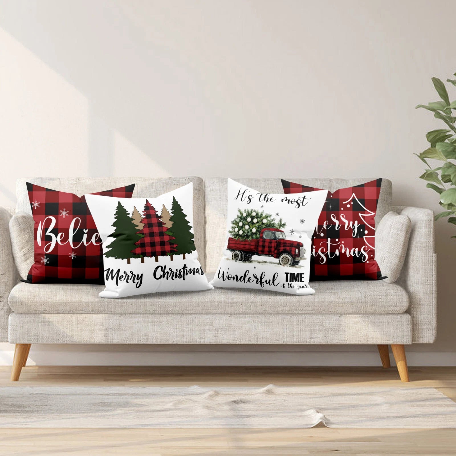 4pcs Black Plaid Christmas Red Truck Pillow Case Cushion Cover Sofa Home Decor