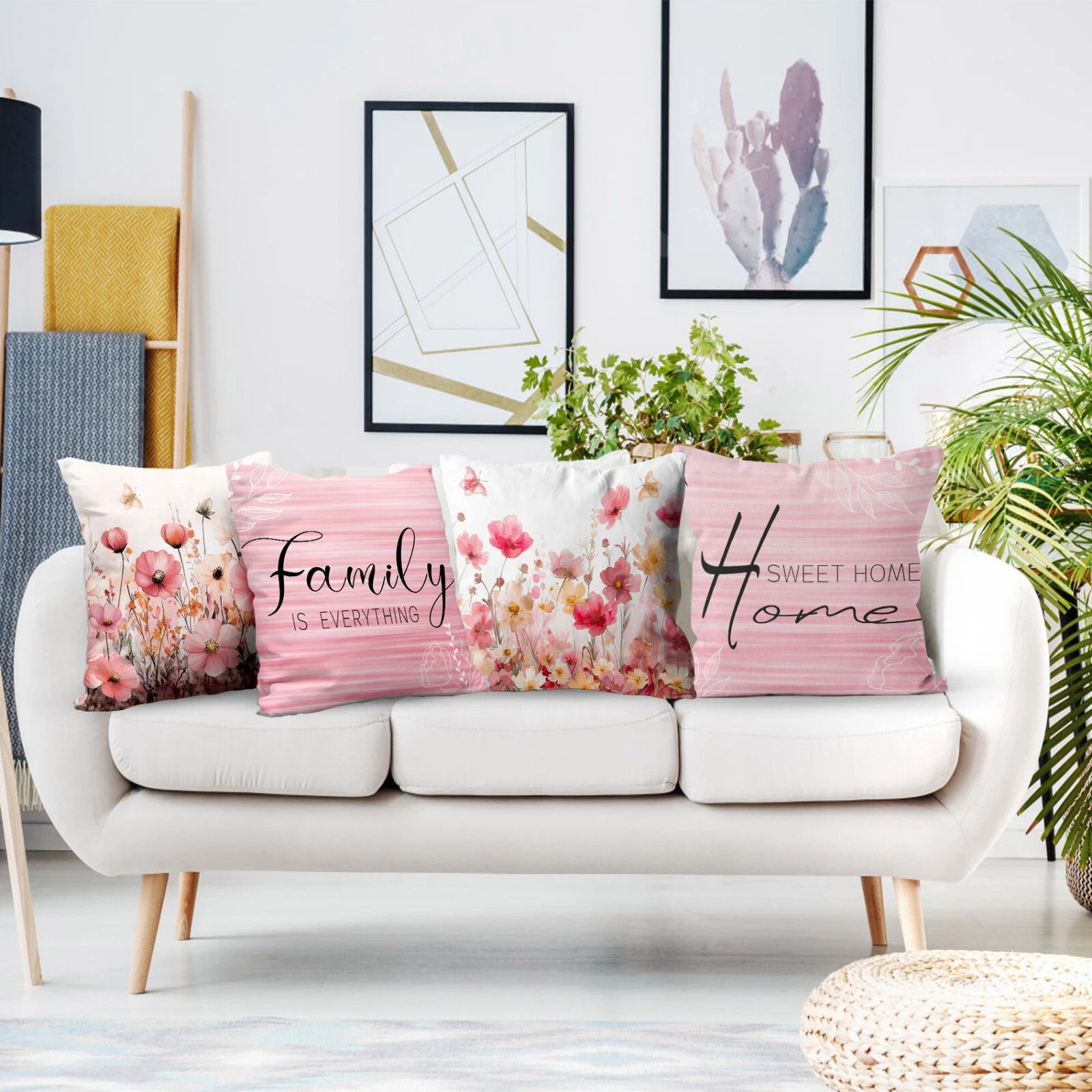 4pcs Yellow Butterfly Pink Floral Pillow Case Cushion Cover Sofa Home Decor