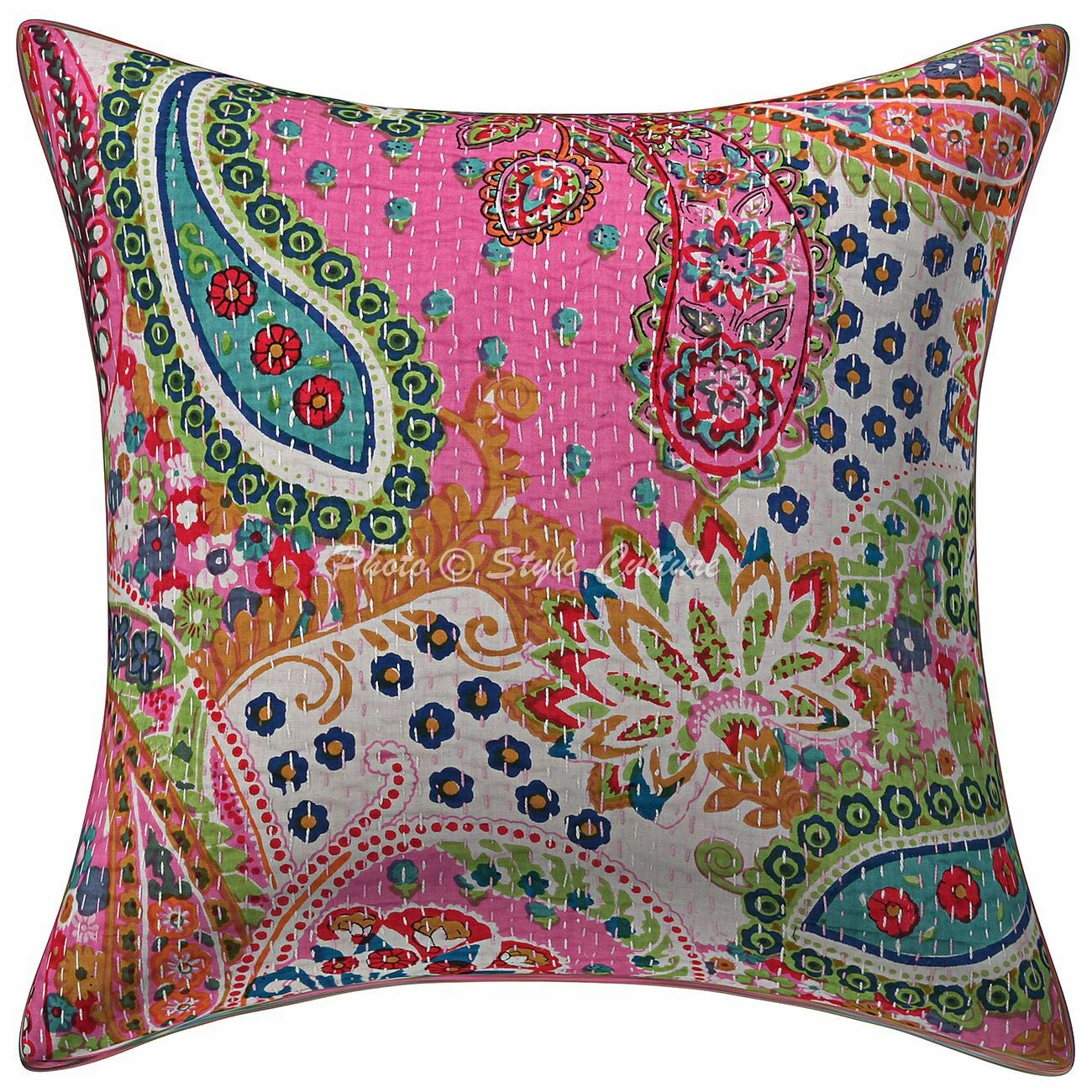 Handmade Paisley Sofa Cushion Cover Indian Kantha Pillow Case Cover 16" Throw