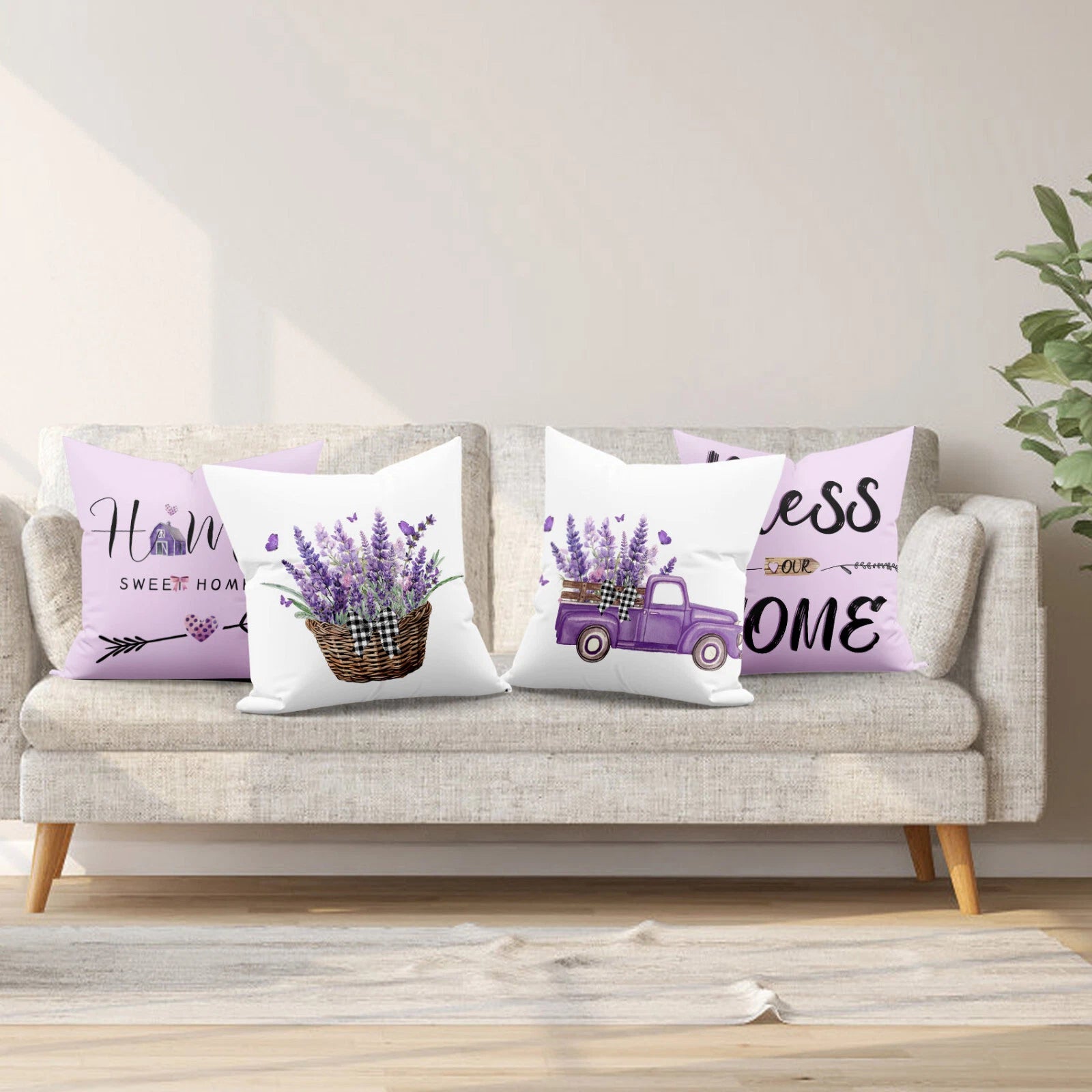 4pcs Vintage Truck Purple Floral Pillow Case Cushion Cover Sofa Home Decor