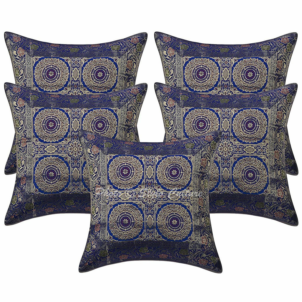 Indian Brocade Decorative Jacquard Pillow Covers Blue Mandala Sofa Cushion Cover
