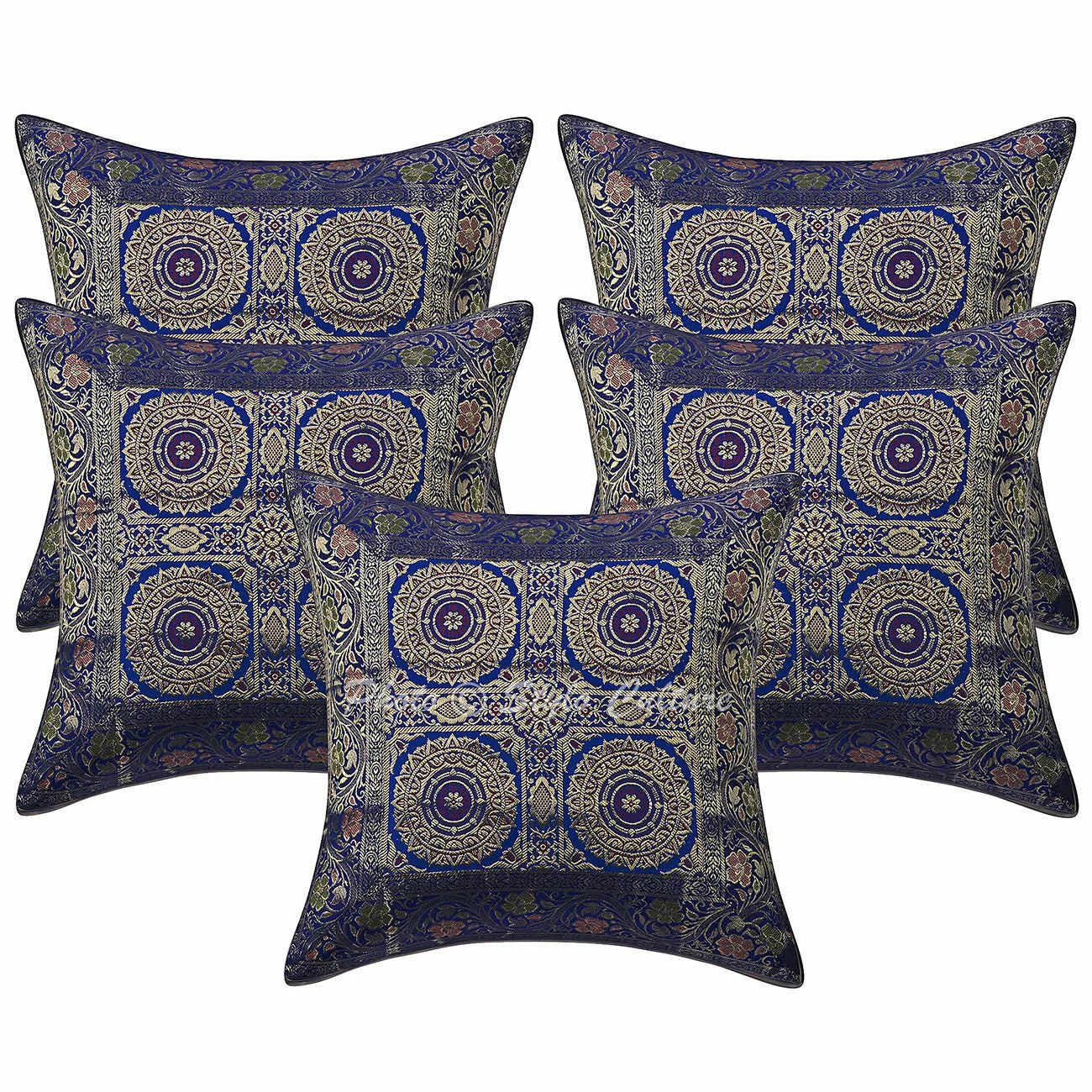 Indian Brocade Decorative Jacquard Pillow Covers Blue Mandala Sofa Cushion Cover