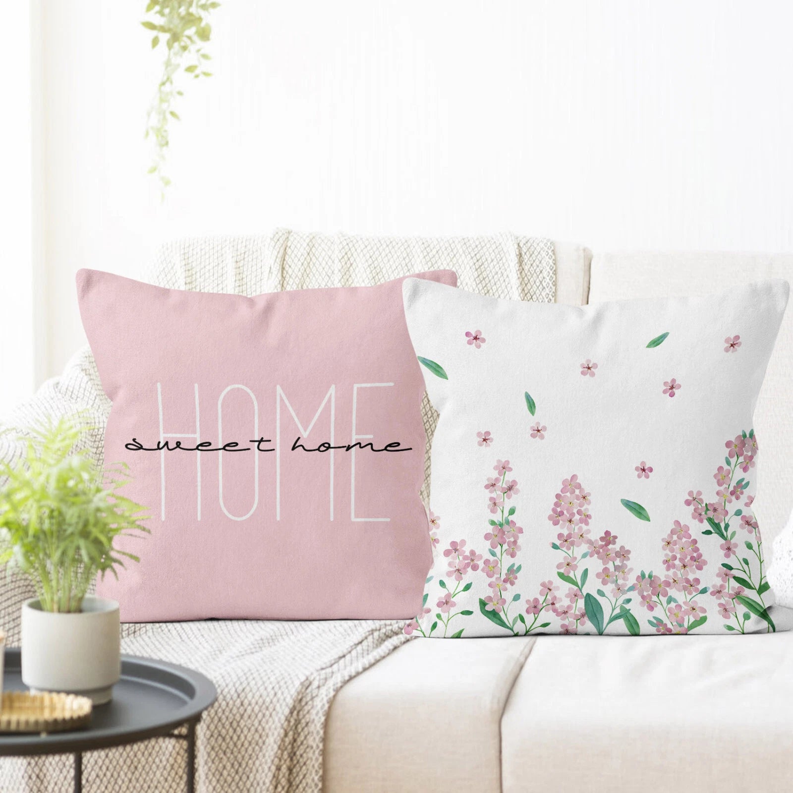 4pcs Botanical Green Leaf Pink Floral Pillow Case Cushion Cover Sofa Home Decor
