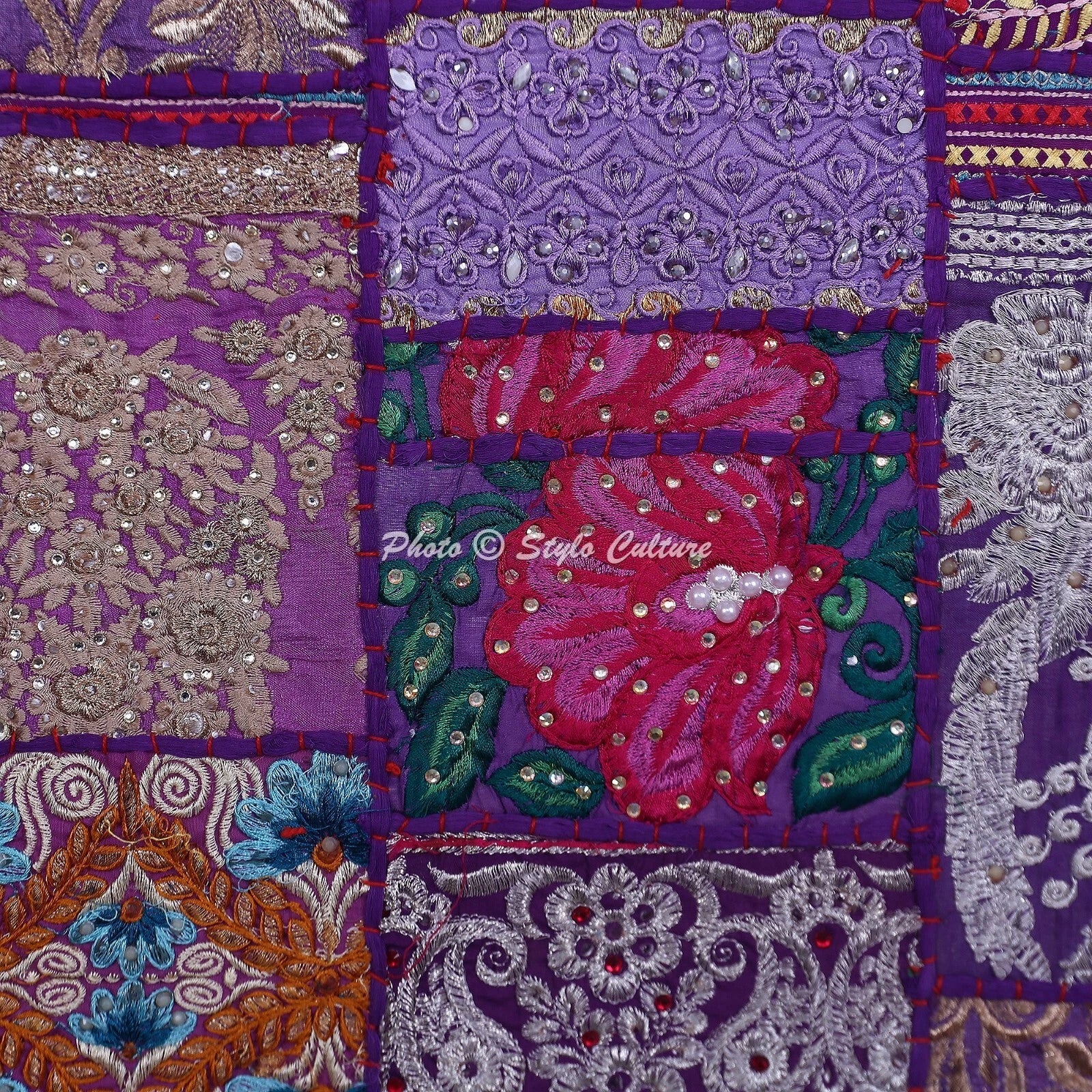 Boho Hippie Yoga Pillow Case Cushion Cover Purple Vintage Patchwork Meditation