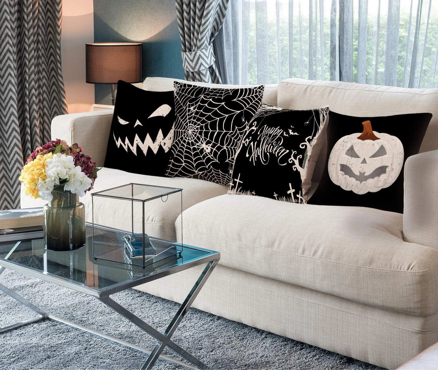 Happy Halloween Pillow Cover Pumpkin Spider Web Pillow Case Black Linen Throw Cu