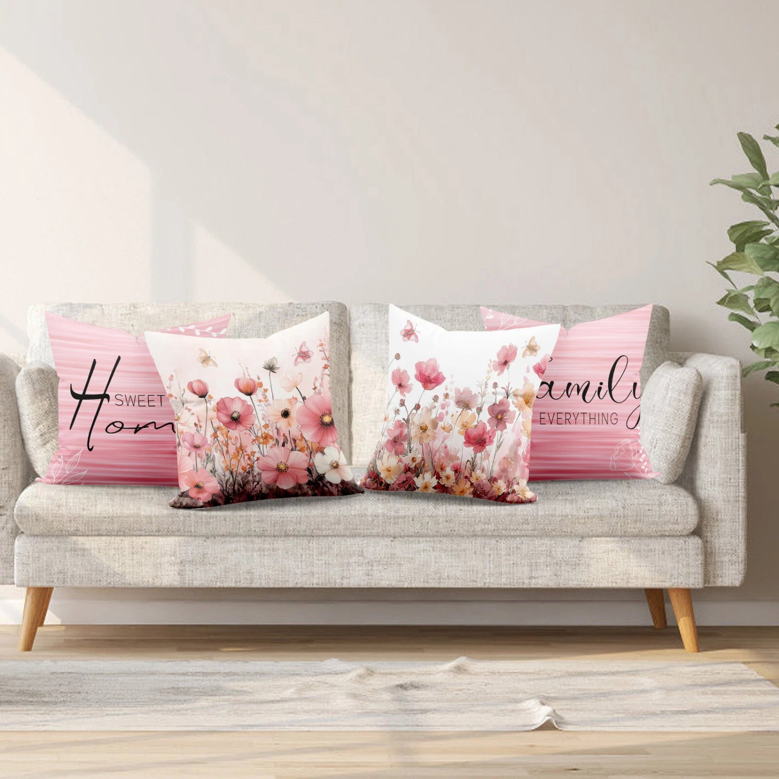 4pcs Yellow Butterfly Pink Floral Pillow Case Cushion Cover Sofa Home Decor