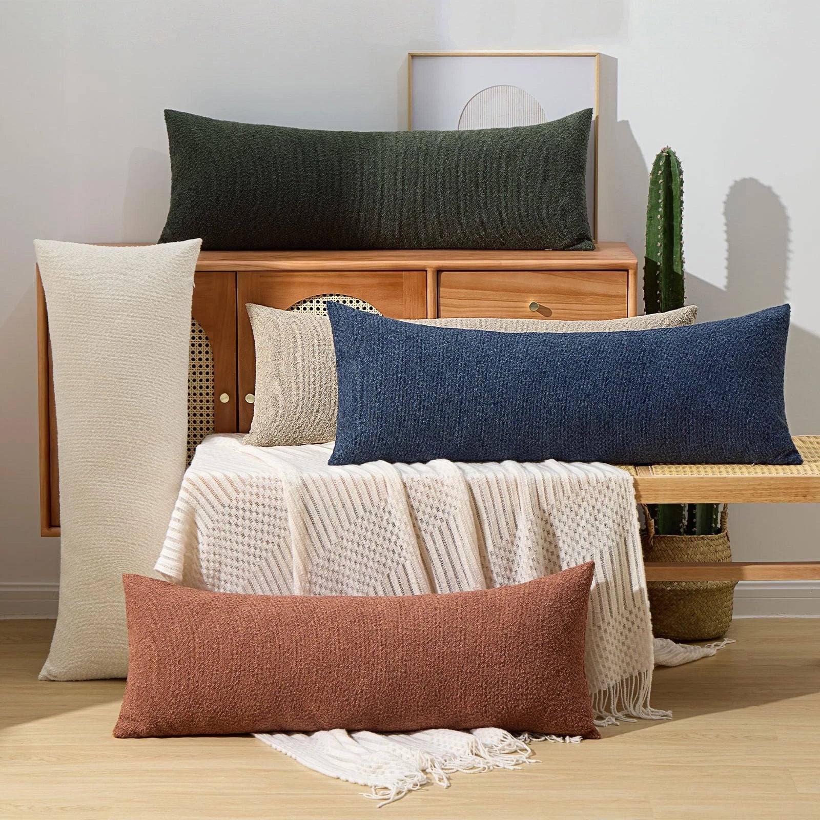 Boucle Decorative Lumbar Pillow Covers 14x36 Beige Textured Body Pillowcase N...