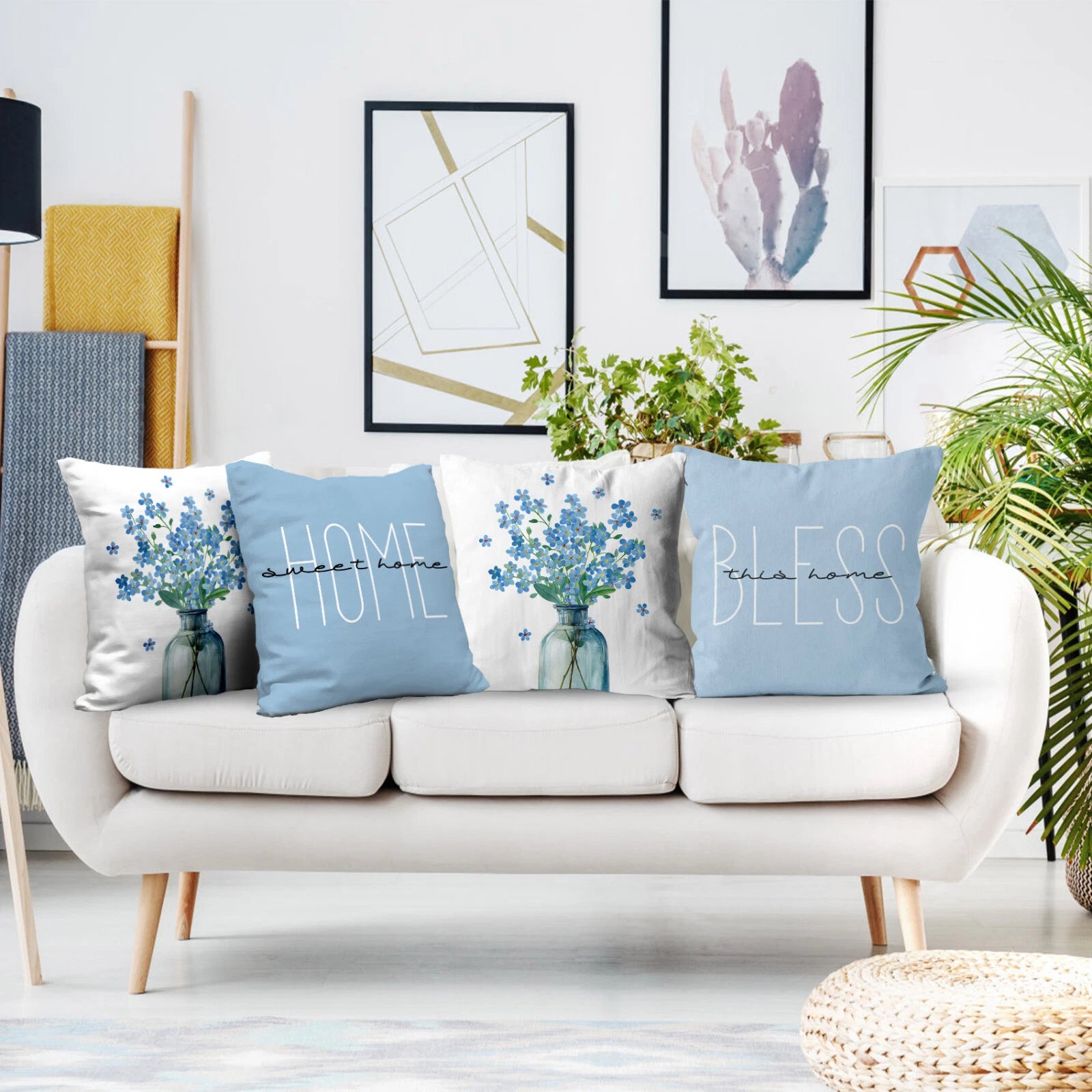 4pcs Botanical Green Leaf Blue Floral Pillow Case Cushion Cover Sofa Home Decor