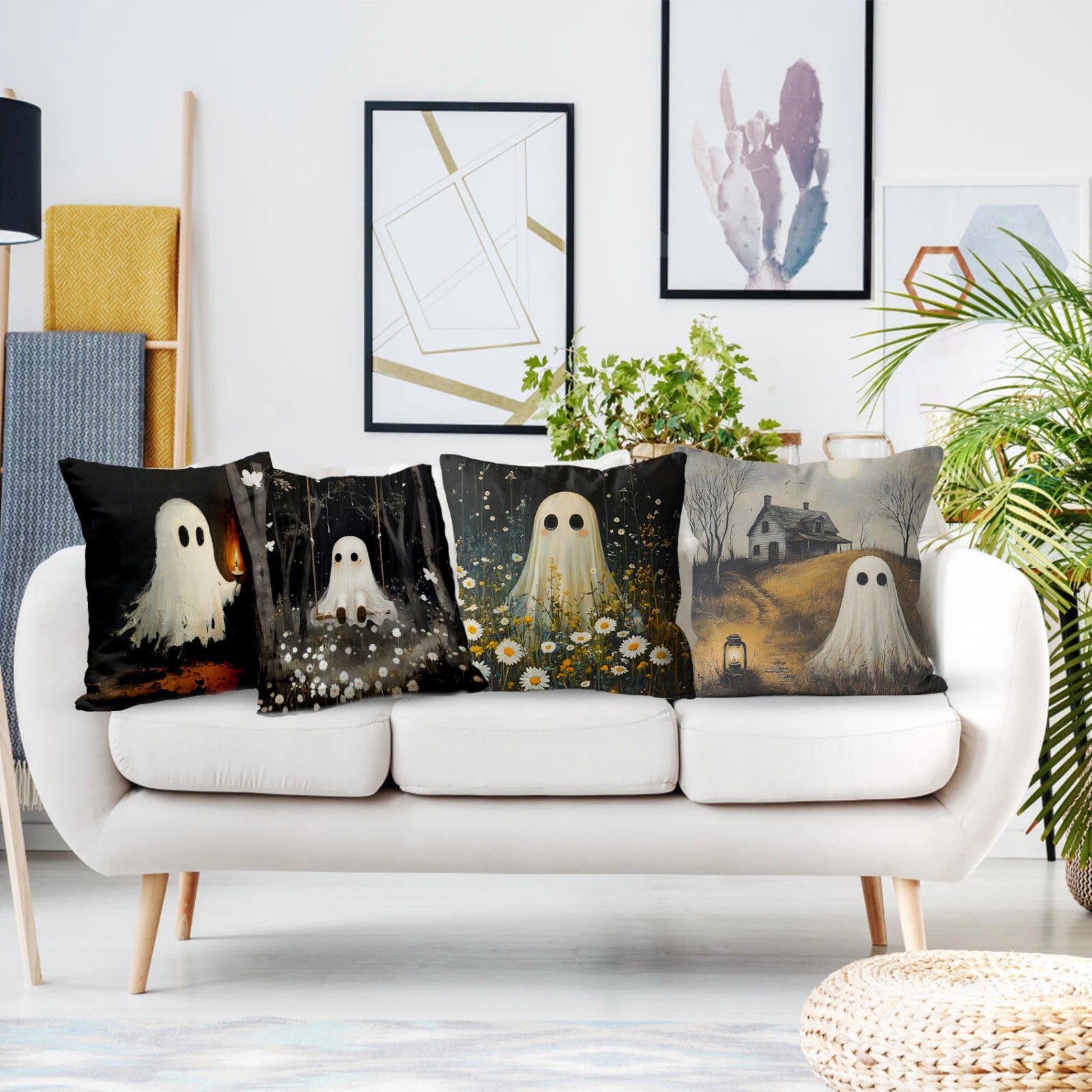 4pcs Vintage Spooky Ghost Halloween Pillow Case Cushion Cover Sofa Home Decor