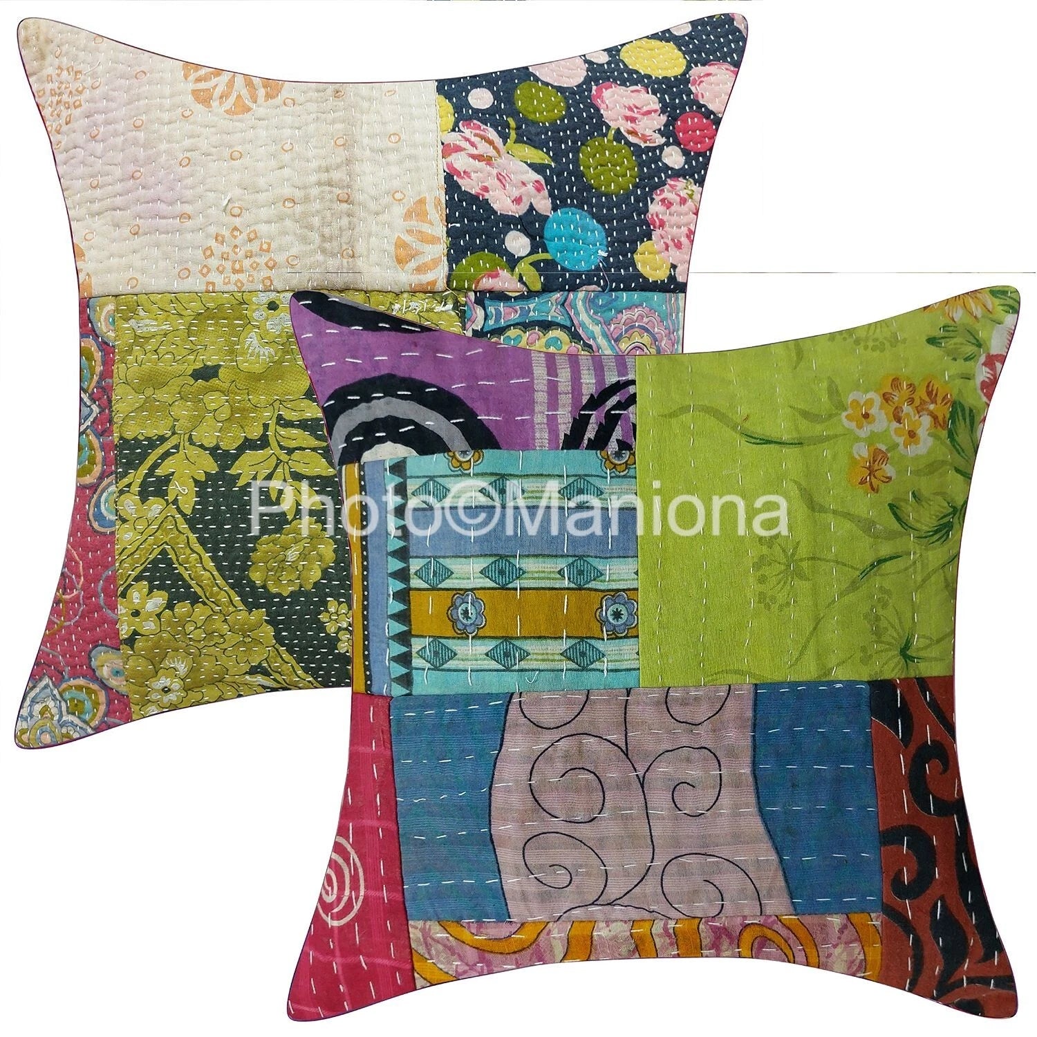 Indian Cotton Handmade Patchwork Cushion Cover Pillow Set of 2 bed sofa decor