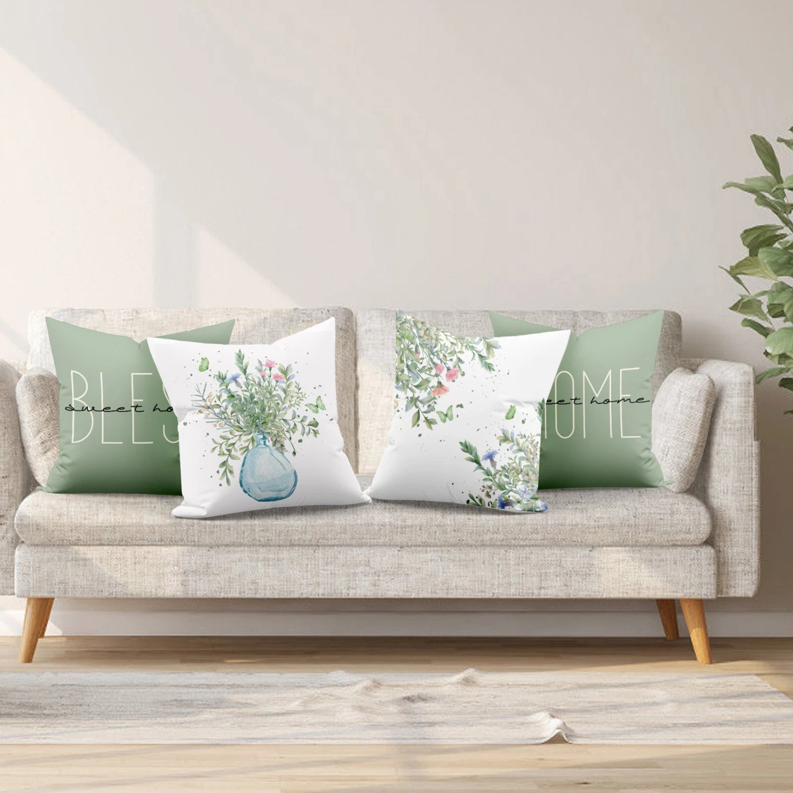 4pcs Butterfly Pink Wildflower Green Pillow Case Cushion Cover Sofa Home Decor