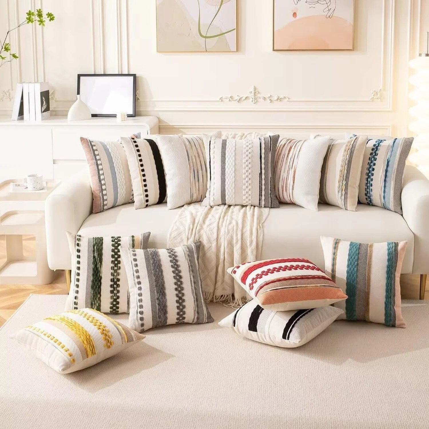 Boho Throw Pillow Covers 18x18 Set of 2 Farmhouse Decorative Cushion Case Str...