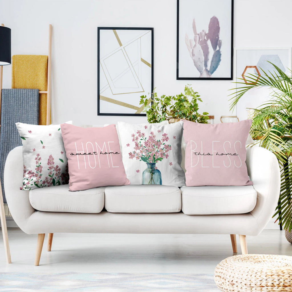4pcs Botanical Green Leaf Pink Floral Pillow Case Cushion Cover Sofa Home Decor