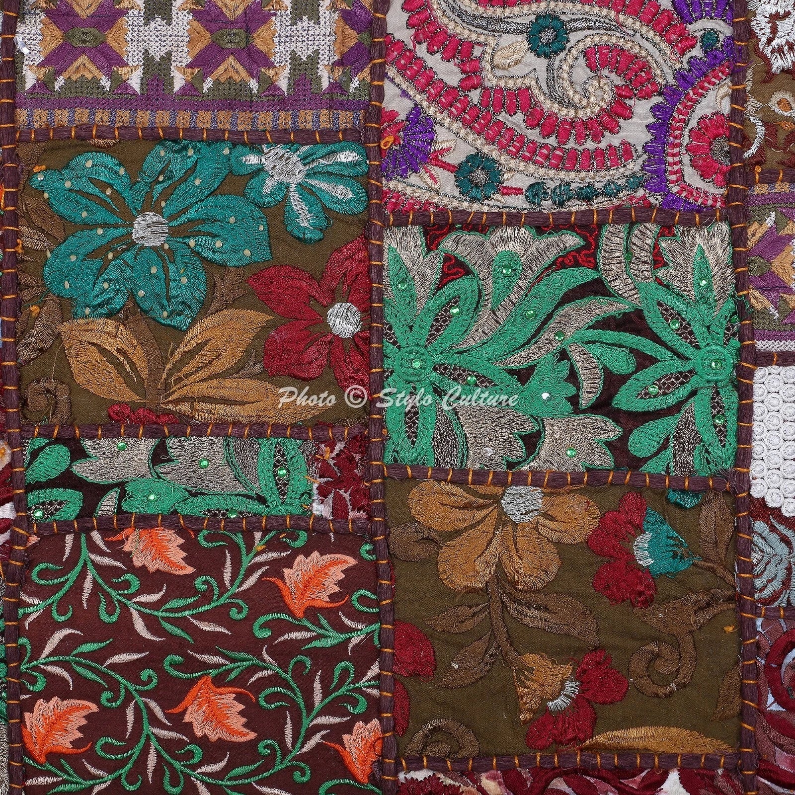 Boho Hippie Yoga Pillow Case Cushion Cover Brown Vintage Patchwork Meditation