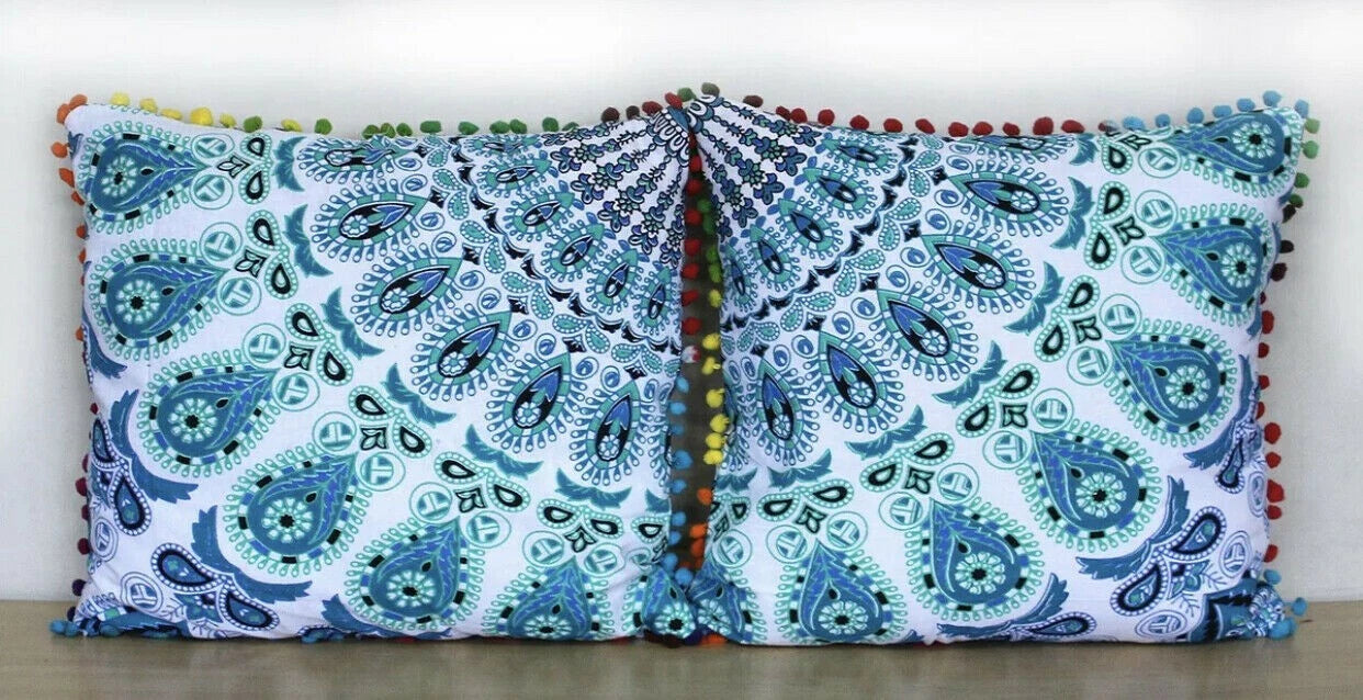 Peacock Mandala Cushion Covers pom pom Bohemian Cotton Sofa Bed Pillowcase 16"