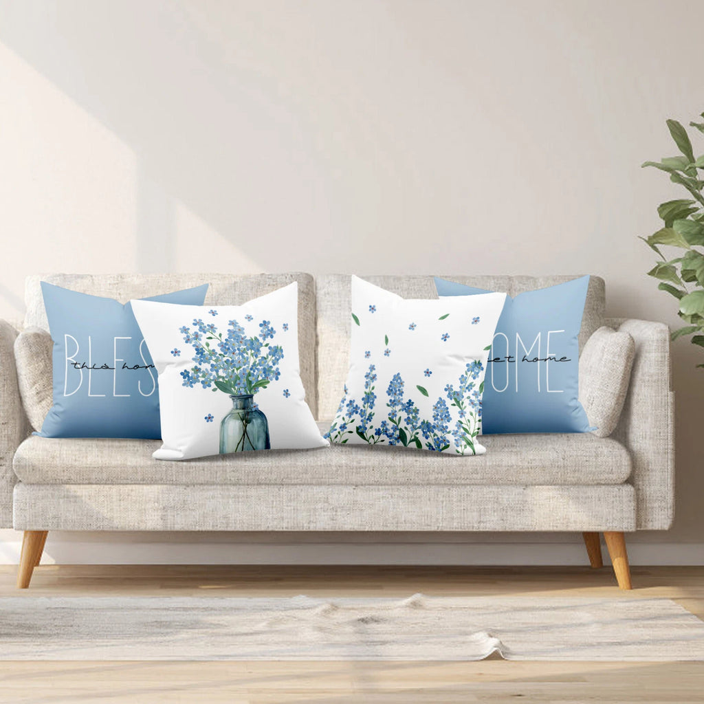 4pcs Botanical Green Leaf Blue Floral Pillow Case Cushion Cover Sofa Home Decor