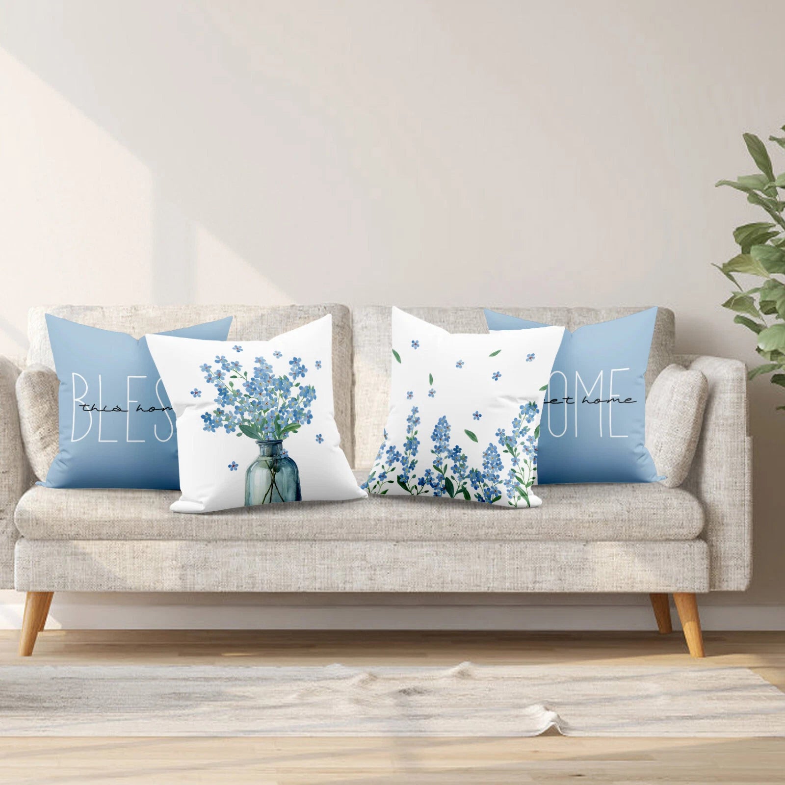 4pcs Botanical Green Leaf Blue Floral Pillow Case Cushion Cover Sofa Home Decor