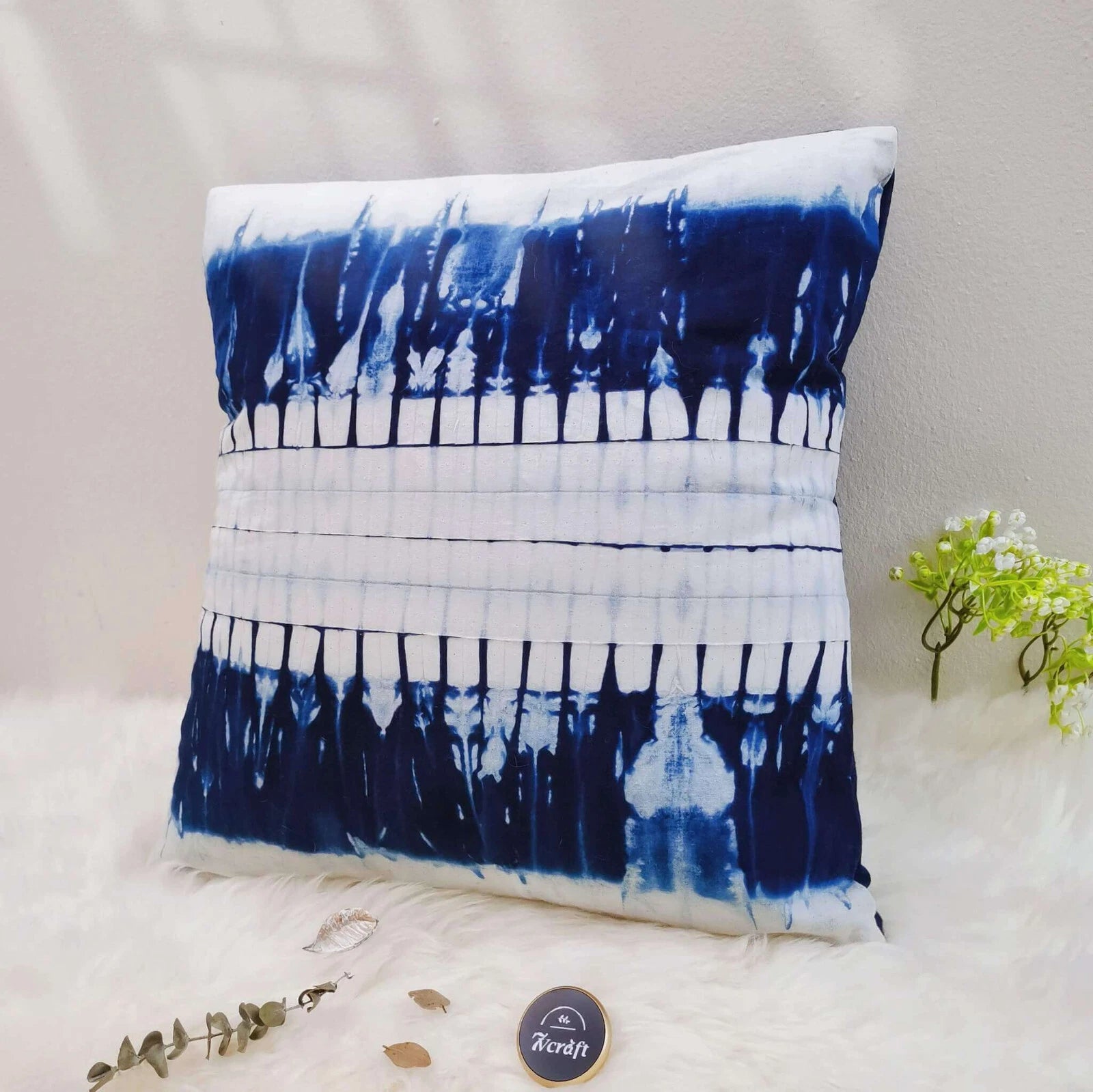 Plant Dyed Shibori Pillowcase, Indigo Tie Dye Cushion Cover, Cotton Linen 18''