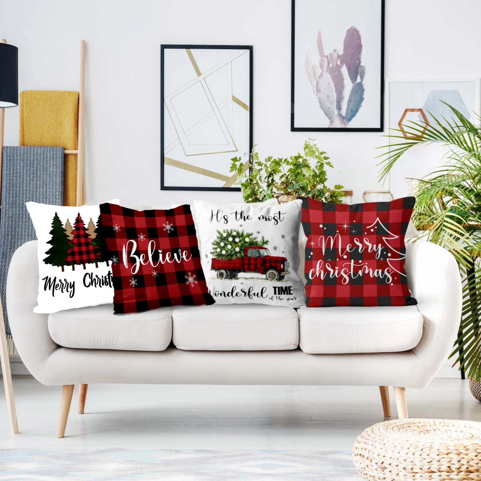 4pcs Black Plaid Christmas Red Truck Pillow Case Cushion Cover Sofa Home Decor