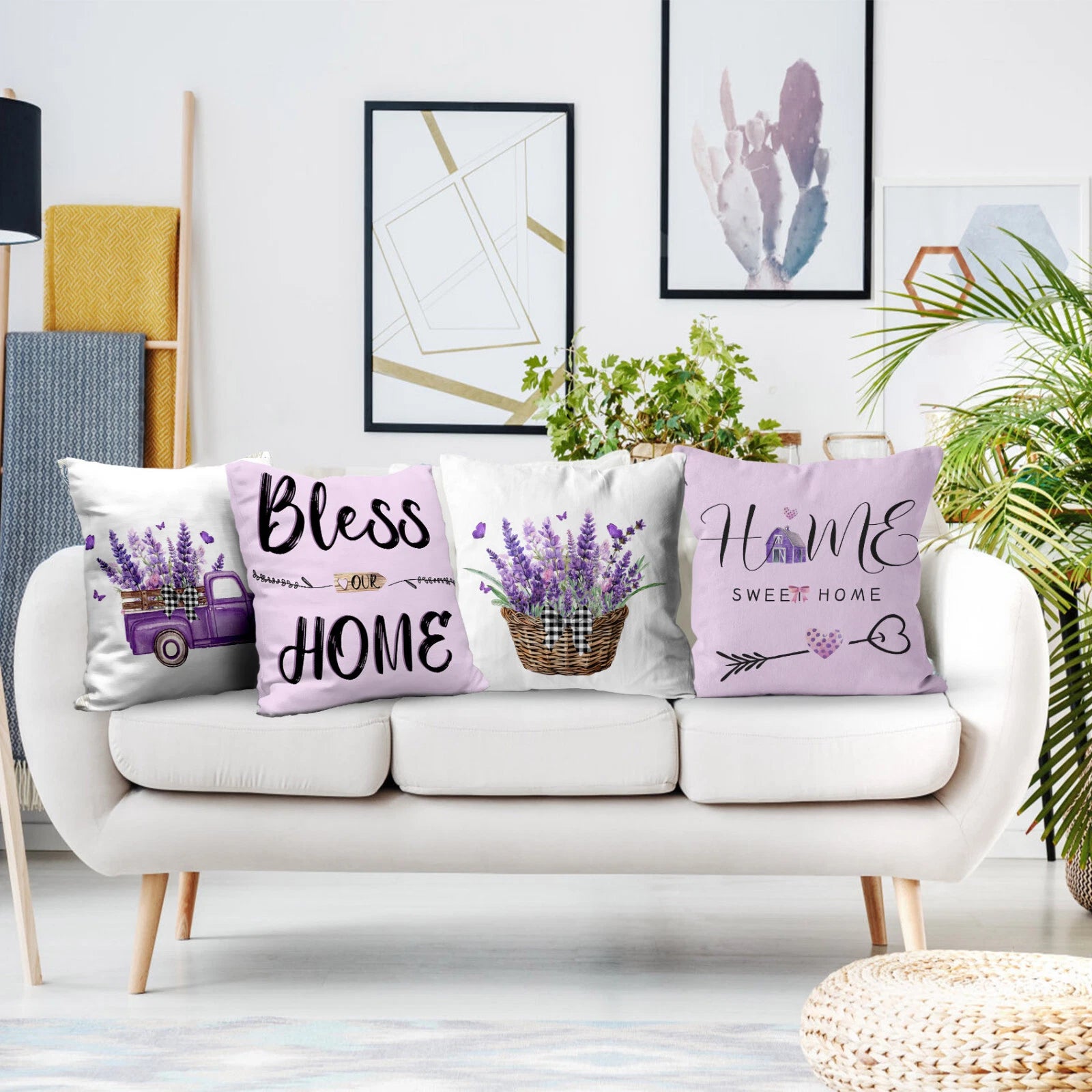 4pcs Vintage Truck Purple Floral Pillow Case Cushion Cover Sofa Home Decor