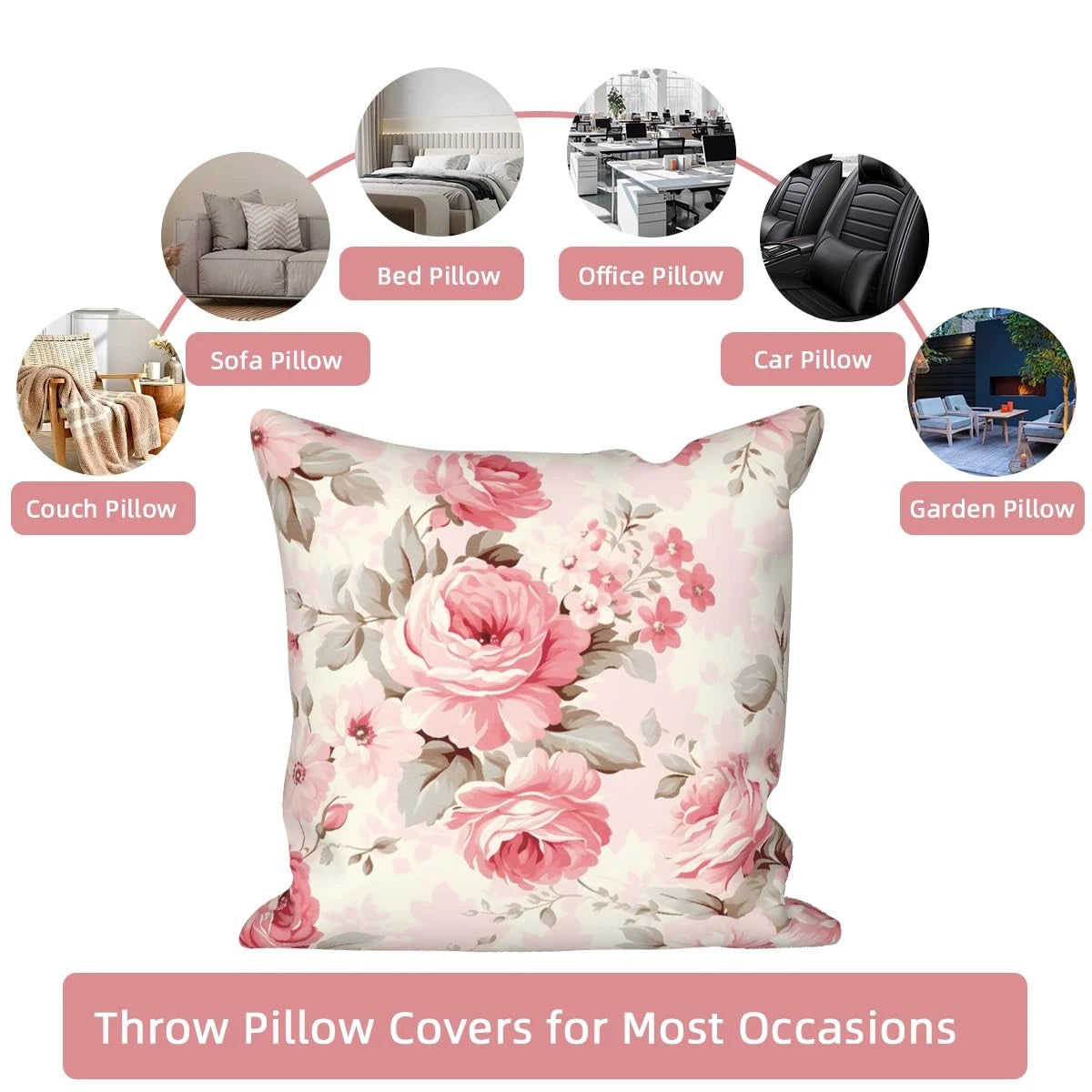 4 Pcs/Set Rose Flowers Pillow Covers Summer Floral Green Leaves Pink Watercol...