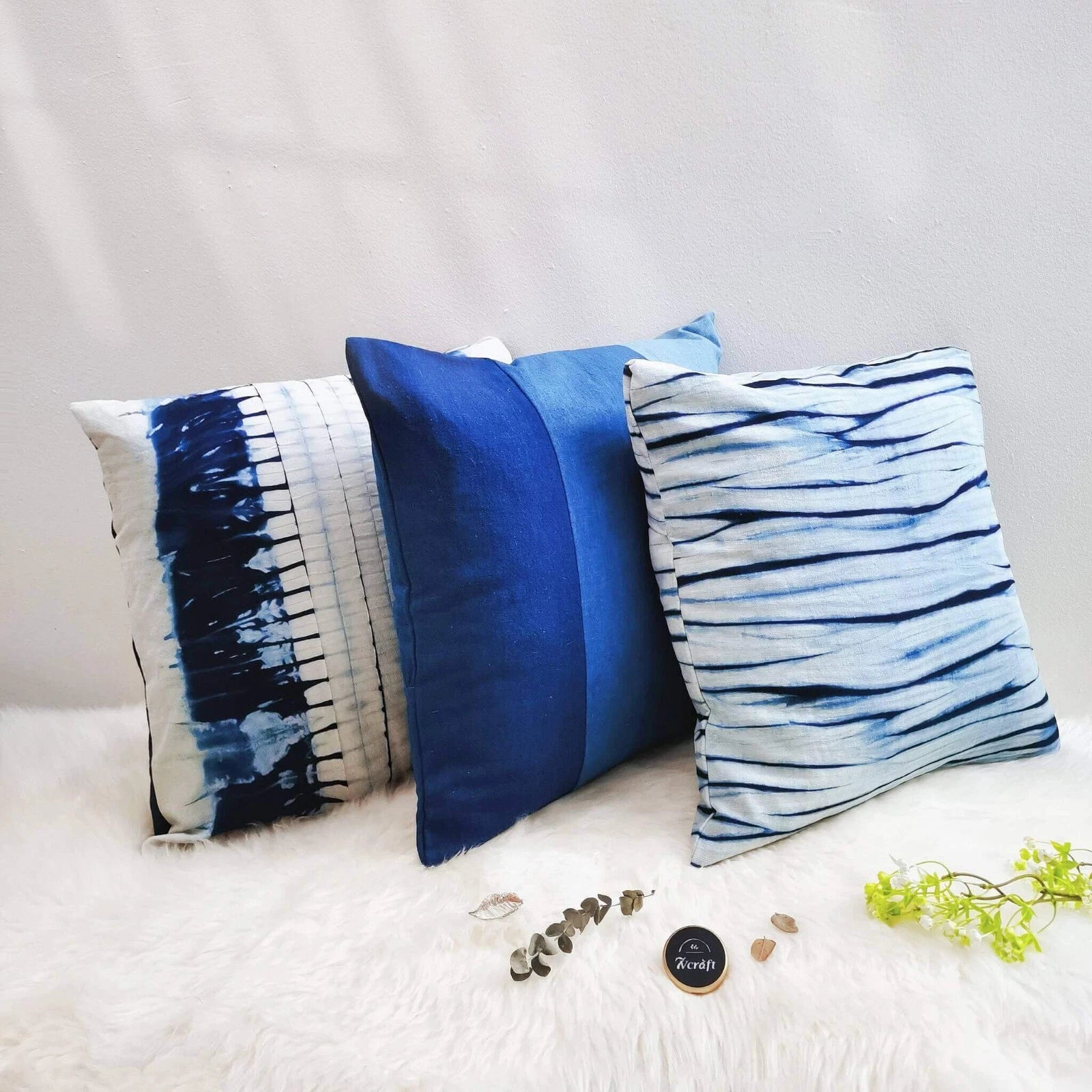 Indigo Tie-Dye Pillowcase,  Throw Cushion Cover, Shibori Heavy Cotton Linen 18''