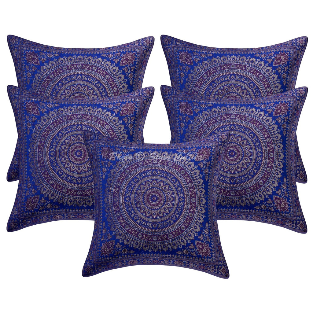 Boho Hippie Yoga Pillow Case Cushion Cover Blue Brocade Jacquard Meditation