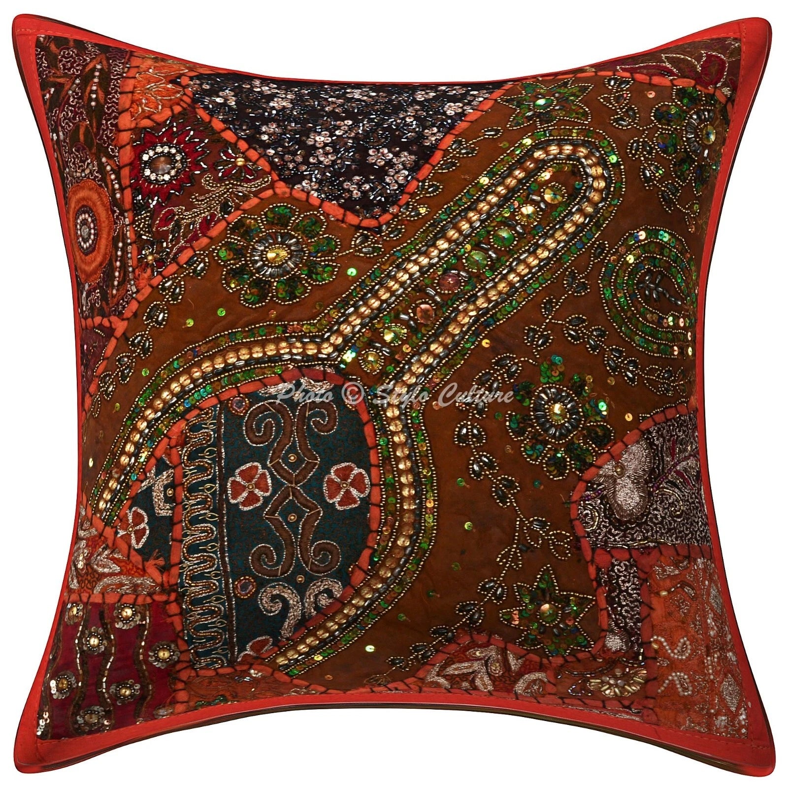 Boho Hippie Yoga Pillow Case Cushion Cover Orange Beaded Sequins Boho Meditation