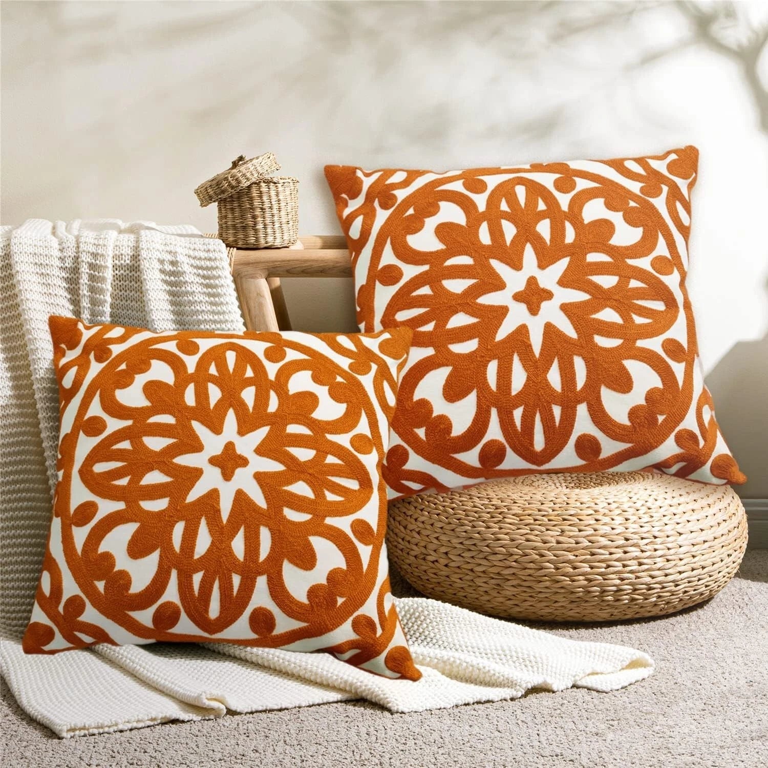 Stylish Mandala Embroidery Pillow Covers 18x18 - Set of 2 for Living Room