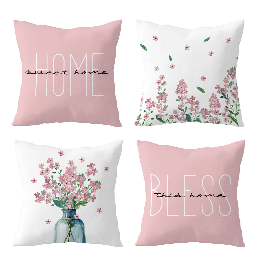 4pcs Botanical Green Leaf Pink Floral Pillow Case Cushion Cover Sofa Home Decor
