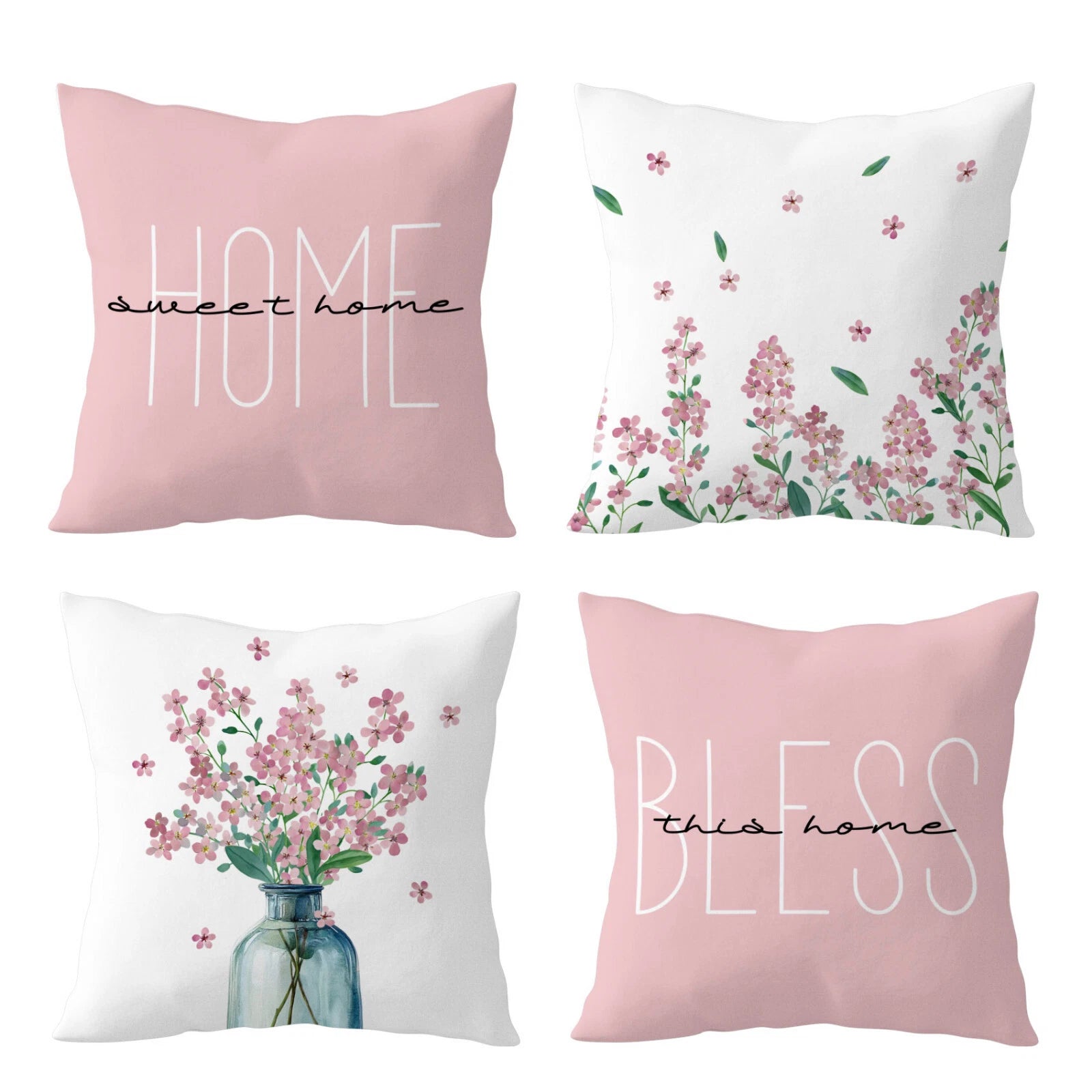 4pcs Botanical Green Leaf Pink Floral Pillow Case Cushion Cover Sofa Home Decor