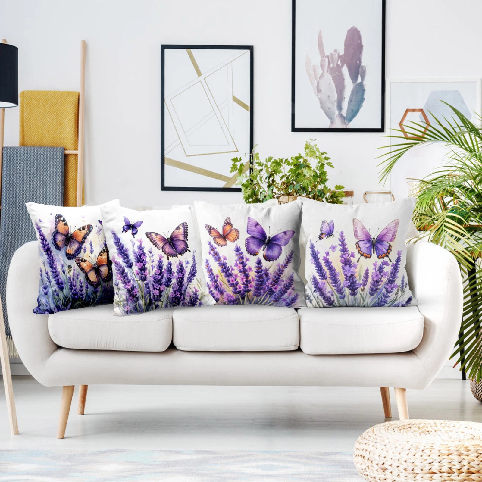 4pcs Butterfly Plant Purple Floral Pillow Case Cushion Cover Sofa Home Decor
