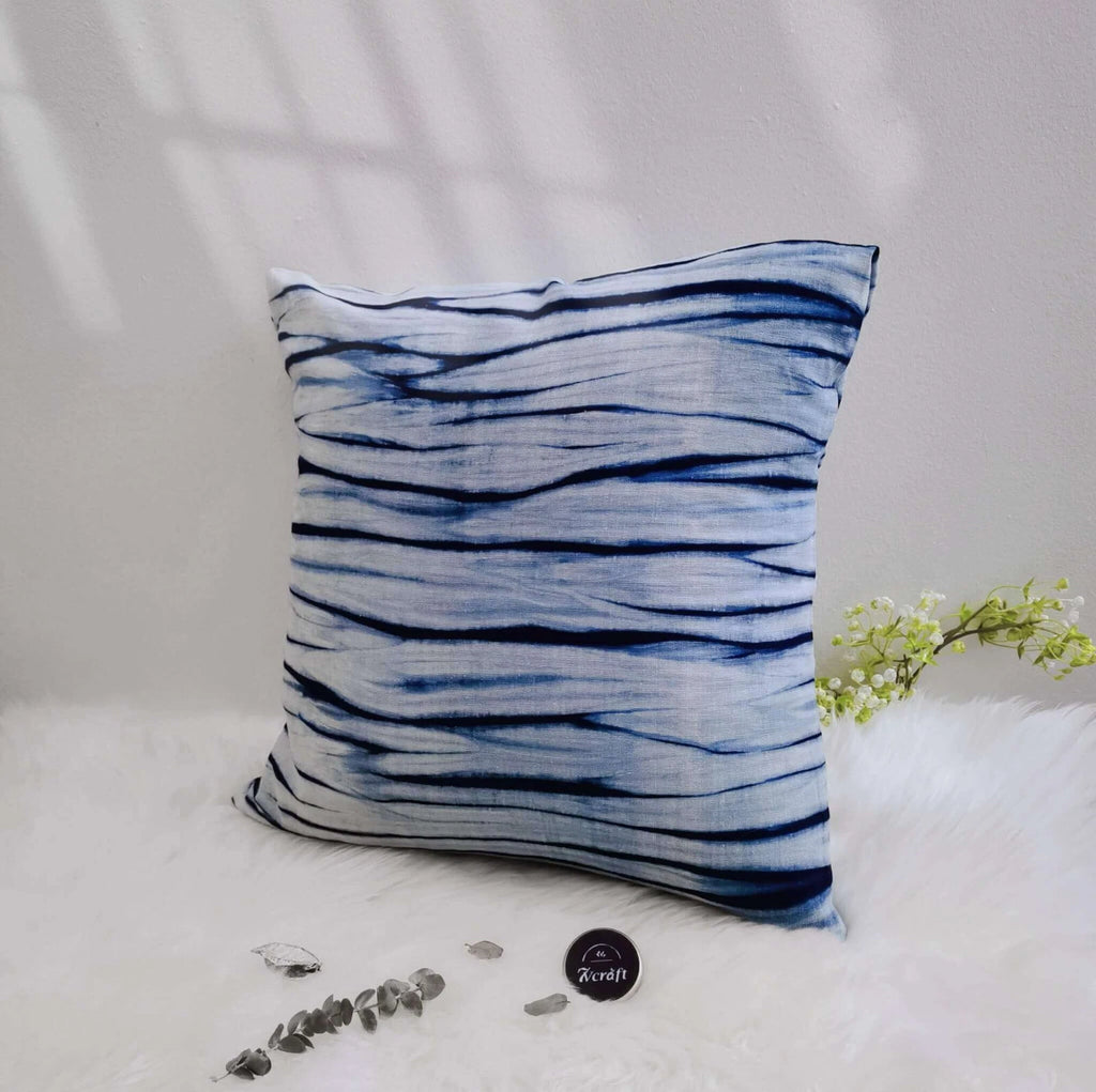 Indigo Tie-Dye Pillowcase,  Throw Cushion Cover, Shibori Heavy Cotton Linen 18''