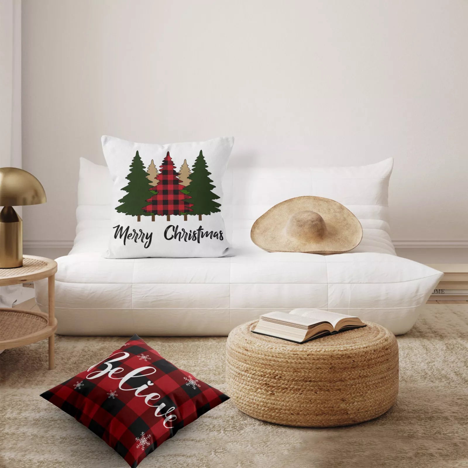4pcs Black Plaid Christmas Red Truck Pillow Case Cushion Cover Sofa Home Decor