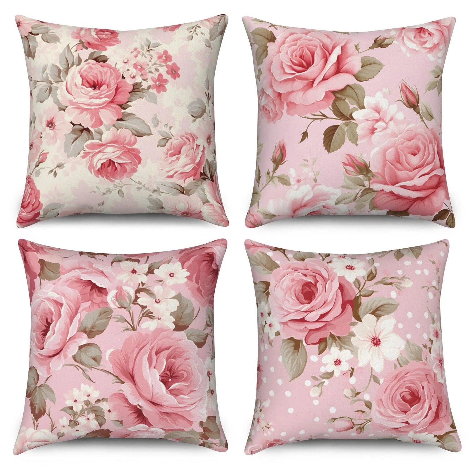 4 Pcs/Set Rose Flowers Pillow Covers Summer Floral Green Leaves Pink Watercol...