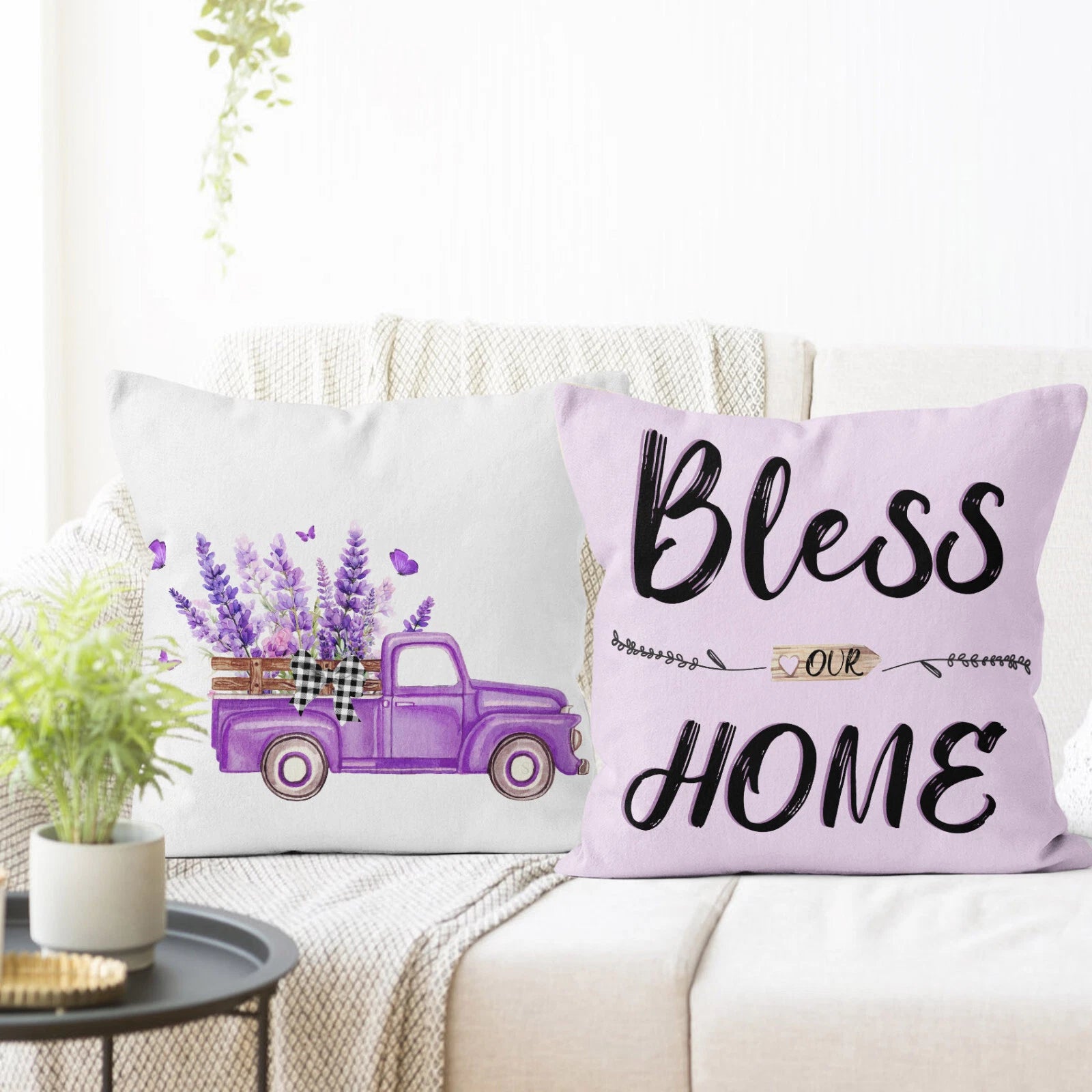4pcs Vintage Truck Purple Floral Pillow Case Cushion Cover Sofa Home Decor