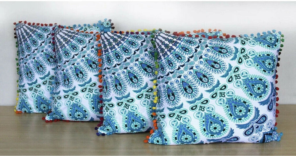 Peacock Mandala Cushion Covers pom pom Bohemian Cotton Sofa Bed Pillowcase 16"